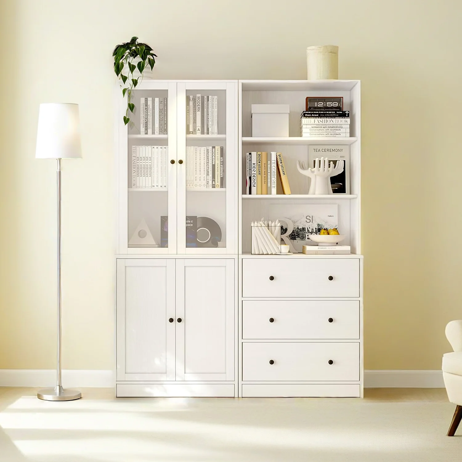 Contemporary Combination Bookcase 2-Piece Set 71-inch Bookcase with Drawers Shelves 5-layer Storage Cabinet with Glass DoorsCombination Bookcase 2-Piece Set 71-inch Bookcase with Drawers Shelves 5-layer Storage Cabinet with Glass Doors Responsible