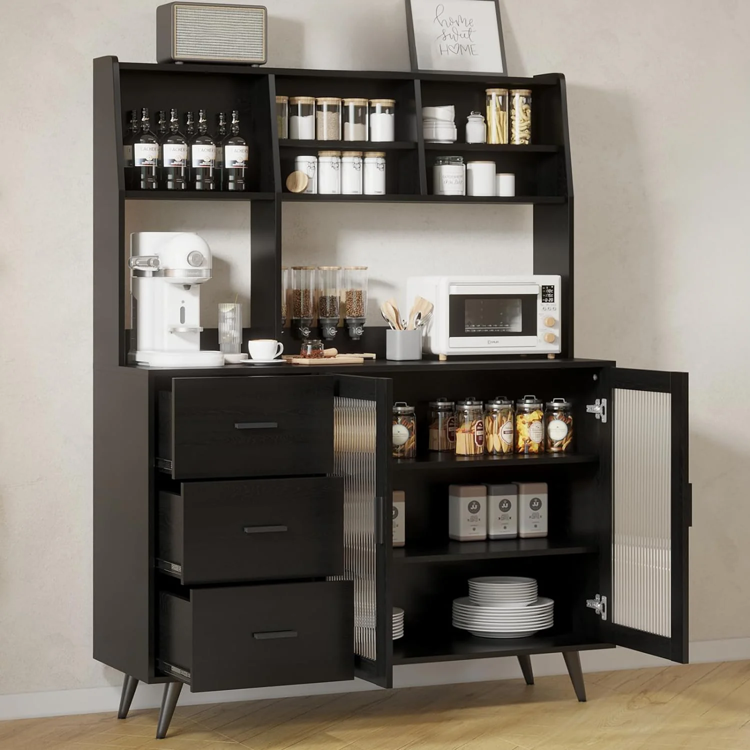 Stylish standing Kitchen Sideboard Kitchen Pantry Cabinet with Microwave Shelf with Glass Door and 3 Drawersstanding Kitchen Sideboard Kitchen Pantry Cabinet with Microwave Shelf with Glass Door and 3 Drawers Safe
