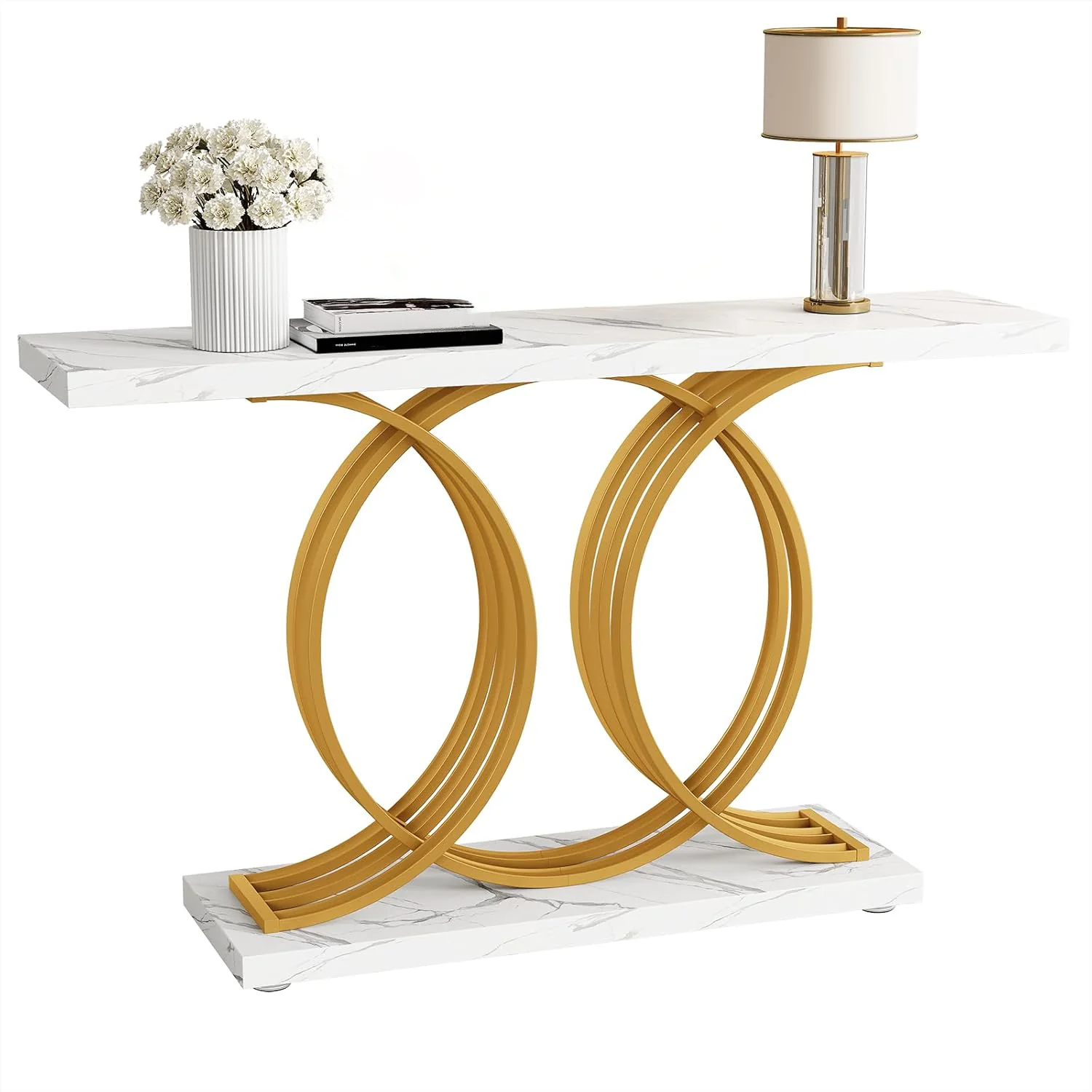 Detailed 55 Inch Modern Entryway Table Rectangular Marble Pattern Entryway Table with Geometric Metal Legs55 Inch Modern Entryway Table Rectangular Marble Pattern Entryway Table with Geometric Metal Legs Secure