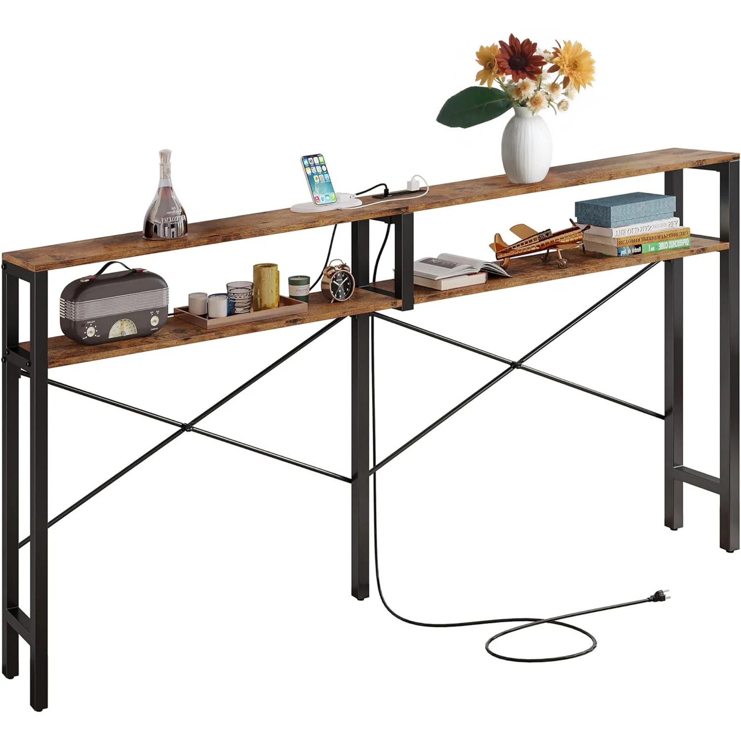 Relaxed Industrial Console Table X-shaped Entryway Table Narrow Sofa Table with Power Outlet and ShelvesIndustrial Console Table X-shaped Entryway Table Narrow Sofa Table with Power Outlet and Shelves Trusted