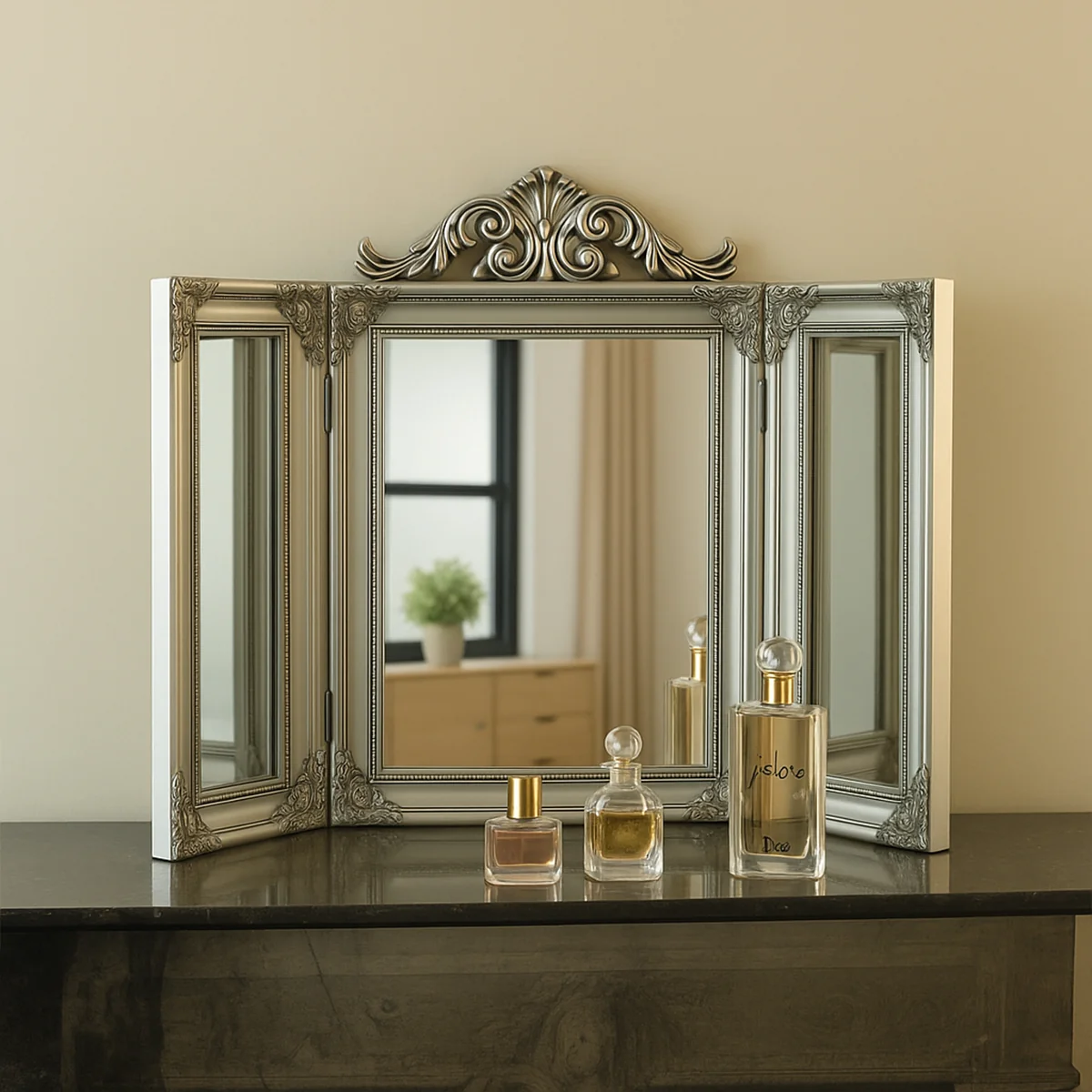 Next-Generation Ornate Silver Dressing Table Triple Mirror Detailed