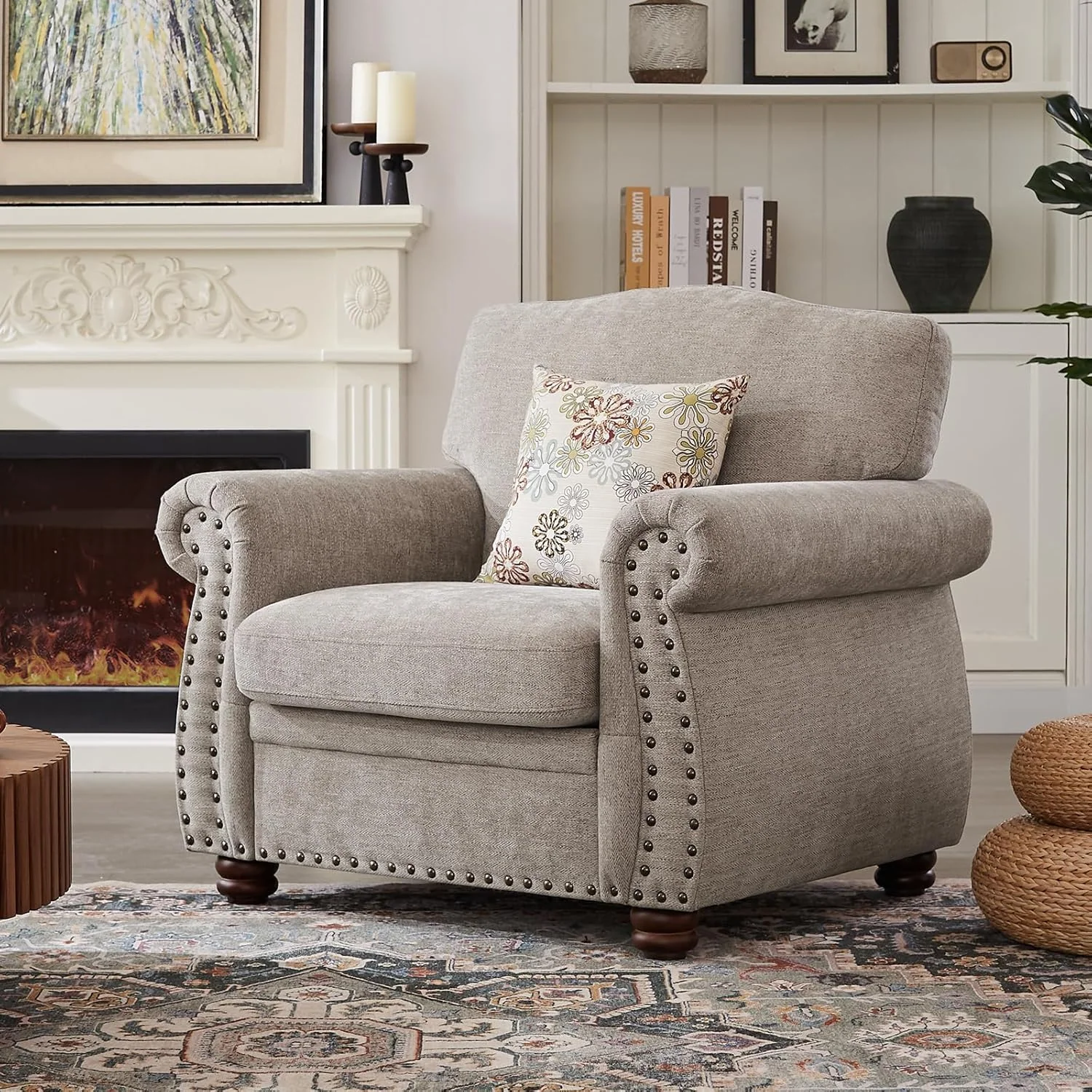 Trendy Chenille Nailhead Trim Armchair Rolled Arm Accent Chair with Springs Cushions and Wood LegsChenille Nailhead Trim Armchair Rolled Arm Accent Chair with Springs Cushions and Wood Legs Healthy