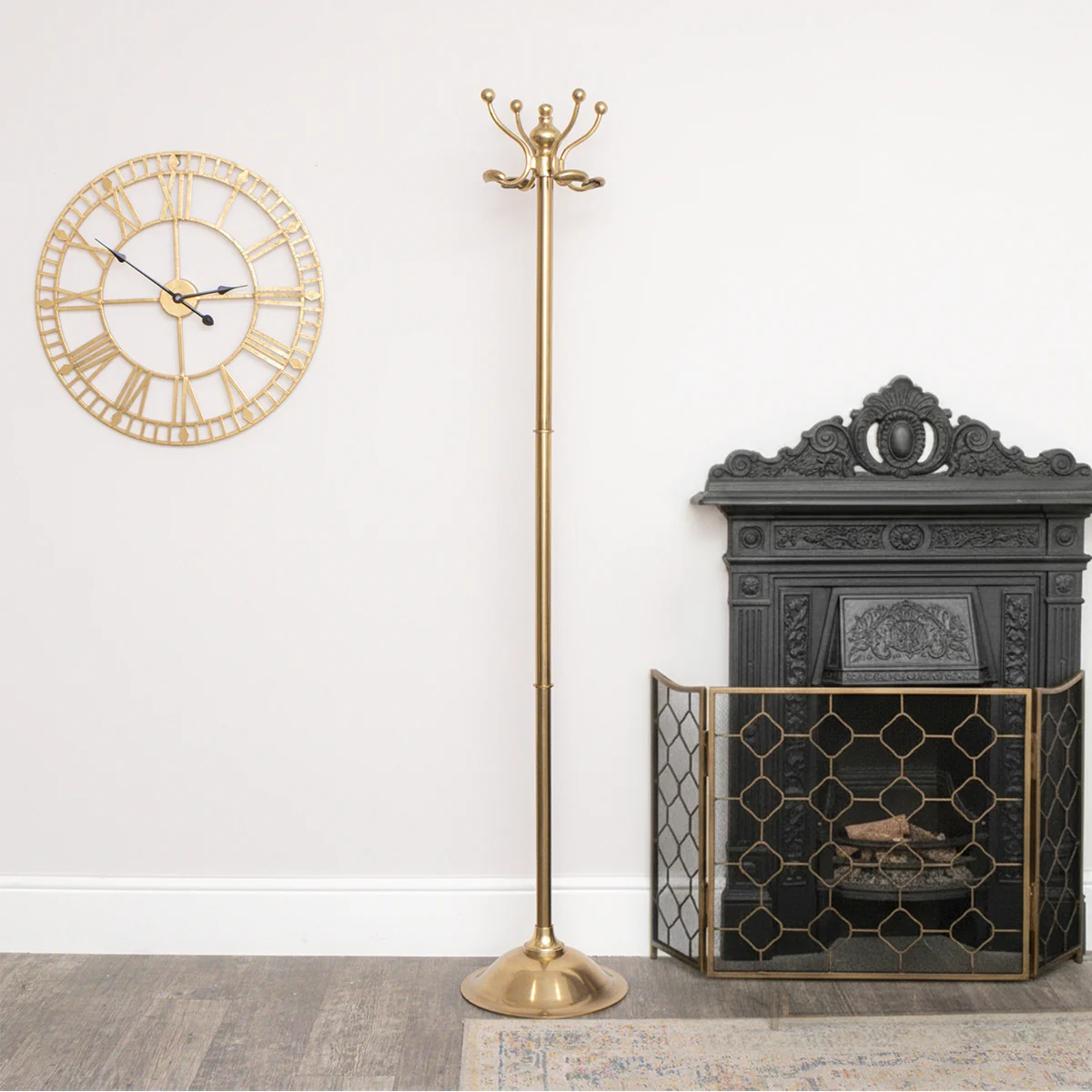 Optimized Tall Shiny Antique Gold Metal Coat Rack with 8 Storage Hooks Verified