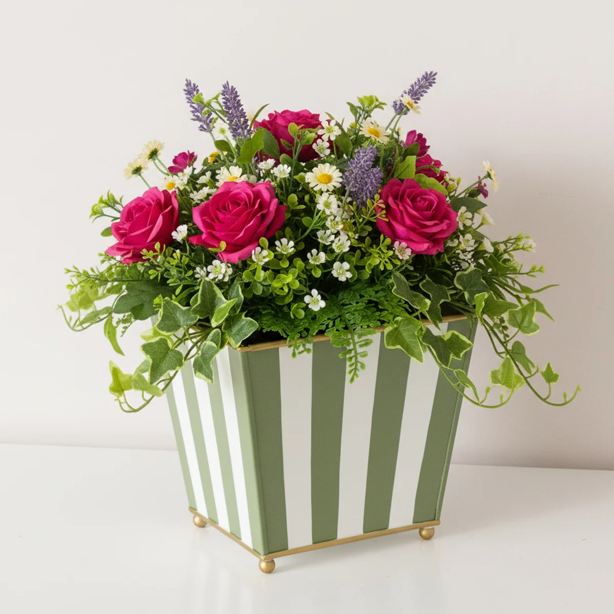 Dependable Green White Striped Metal Planter Pot with Gold Feet - 17cm x 16.5cm Premium Material
