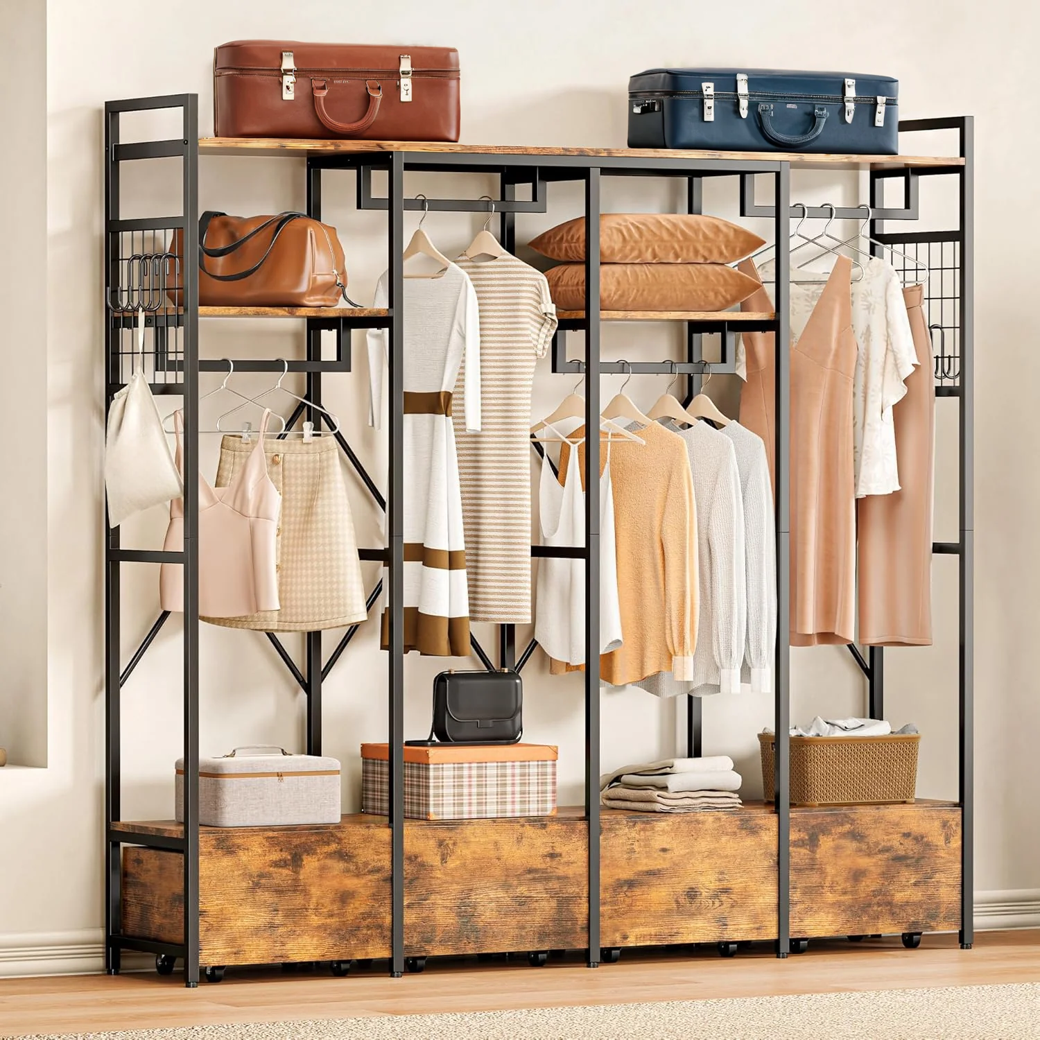 First-Class standing Garment Rack with 4 Wooden Drawers Hanging Rods and Storage Shelves Heavy Duty Closet Wardrobe Rack Industrial Vintage Brownstanding Garment Rack with 4 Wooden Drawers Hanging Rods and Storage Shelves Heavy Duty Closet Wardrobe Rack Industrial Vintage Brown Safe
