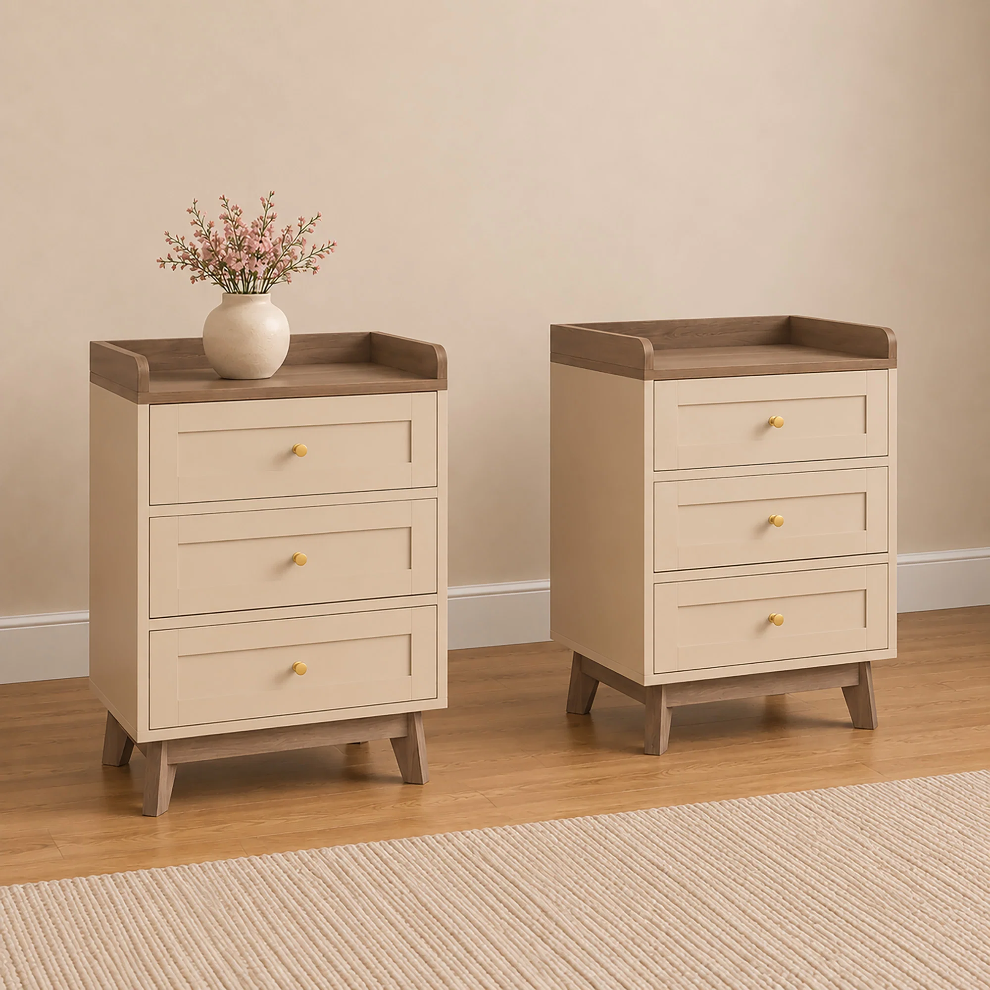 Elite Pair of Cream Wood 3 Drawer Bedside Tables - Oswin Range Sophisticated