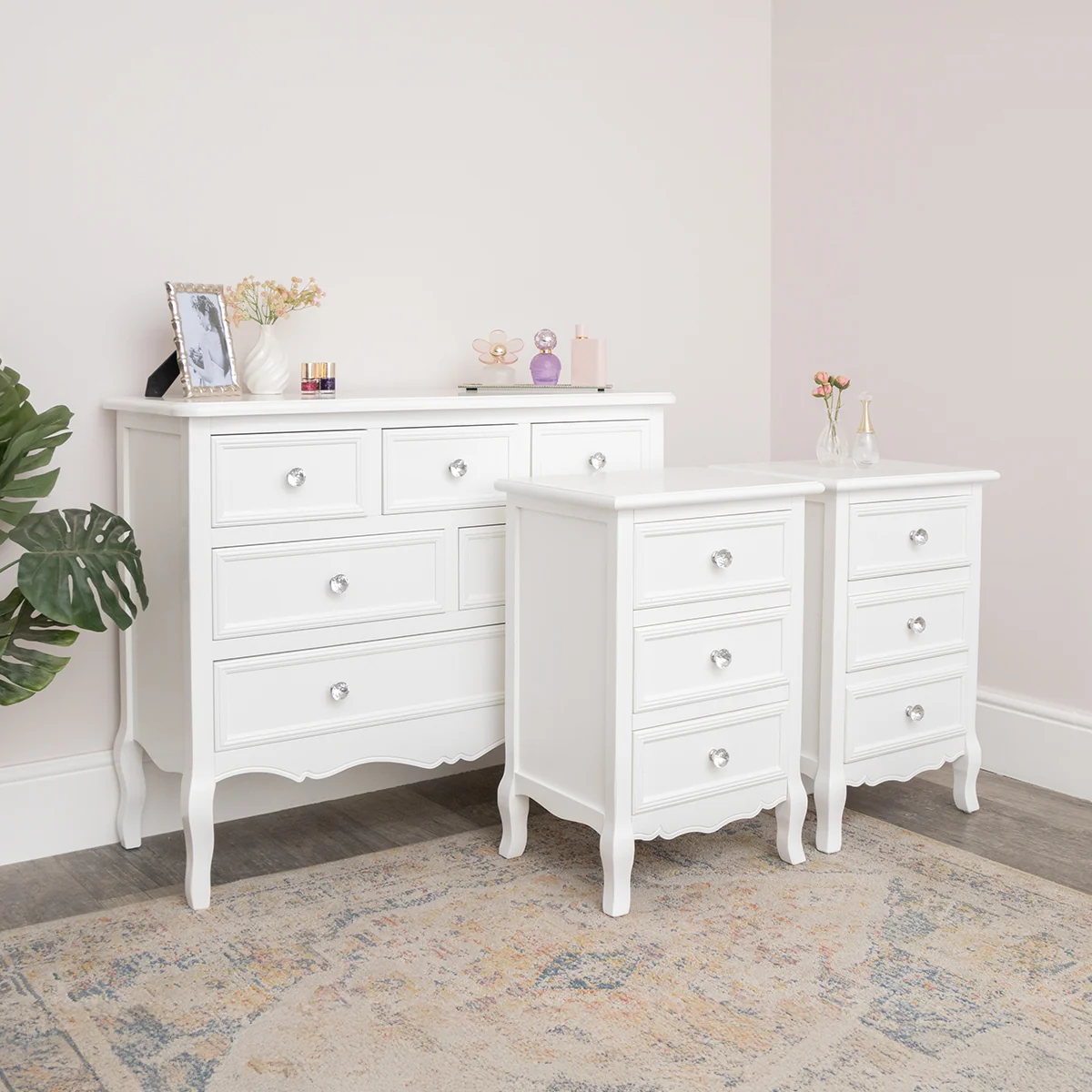 Quality Large White 6 Drawer Chest of Drawers Pair of 3 Drawer Bedsides - Victoria Range Contemporary