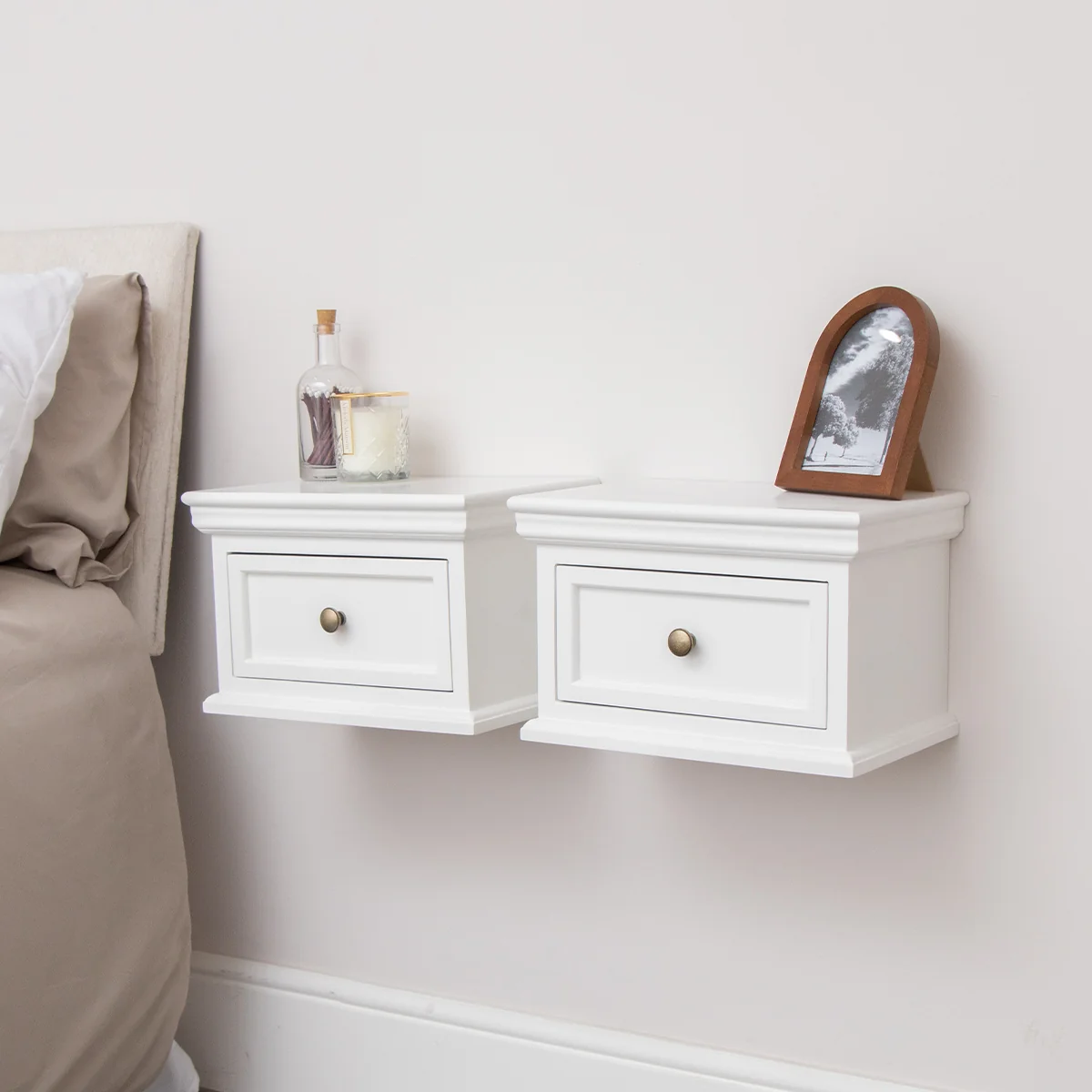 Recyclable Pair Of White Wall Mounted Bedside Tables - Daventry White Range Outstanding