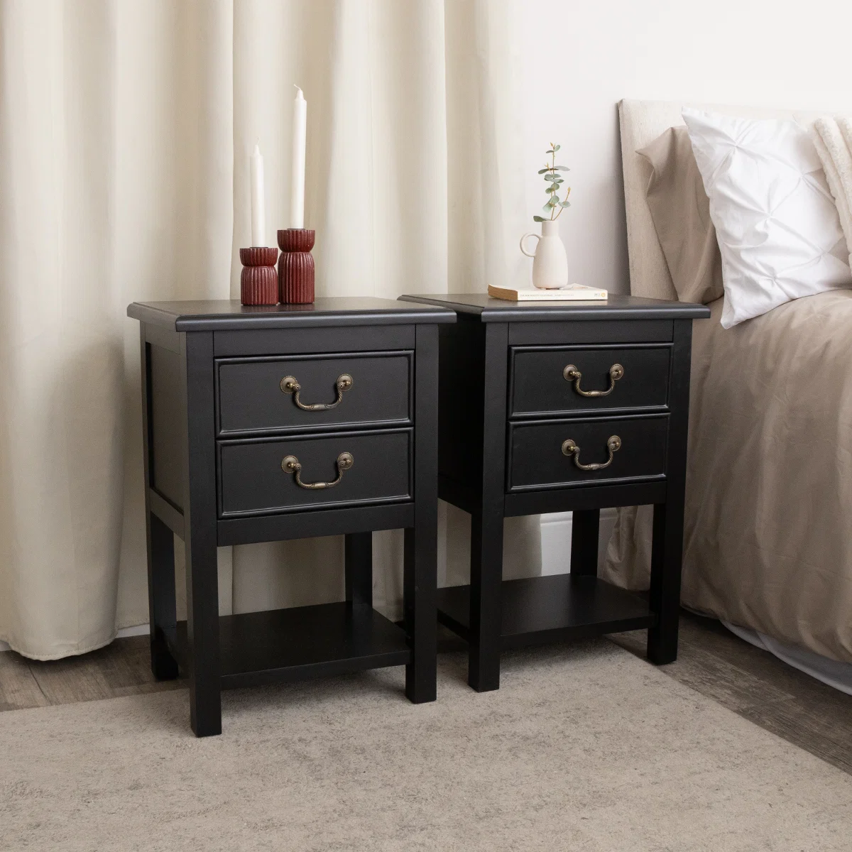 Secure Set Of 2 Black 2 Drawer Bedside Tables with Shelf - Briggs Range Specialty
