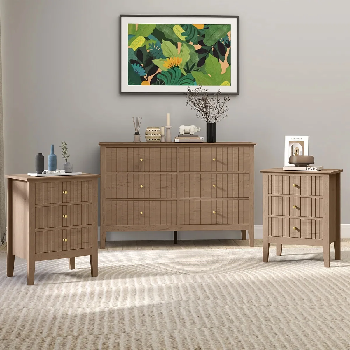 Luxury Large Chest of Drawers and Pair of Bedside Tables - Hales Pale Wood Range Flexible