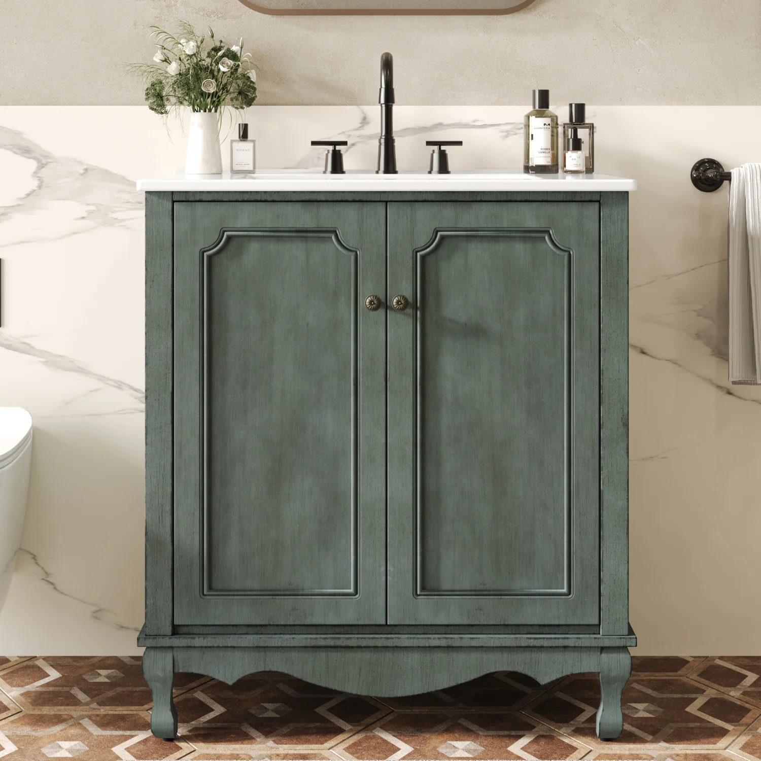 Modern Bathroom Vanity 30 Bathroom Vanity Cabinet with Rectangle Ceramic Sink with Antique Handles Bathroom Storage Cabinet with Rubber Wood Legs and Adjustable shelvesBathroom Vanity 30 Bathroom Vanity Cabinet with Rectangle Ceramic Sink with Antique Handles Bathroom Storage Cabinet with Rubber Wood Legs and Adjustable shelves Classic