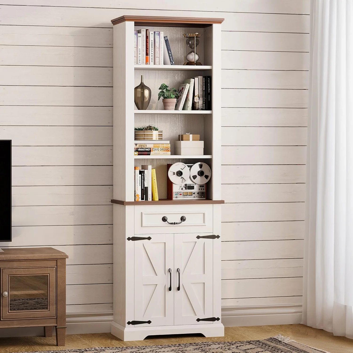 Practical 72 Bookshelf Sideboard with Storage Cabinet Tall Farmhouse Bookcase 4 Tier Open Shelf Bookcase with Adjustable Shelves Drawer LED Lights72 Bookshelf Sideboard with Storage Cabinet Tall Farmhouse Bookcase 4 Tier Open Shelf Bookcase with Adjustable Shelves Drawer LED Lights Certified