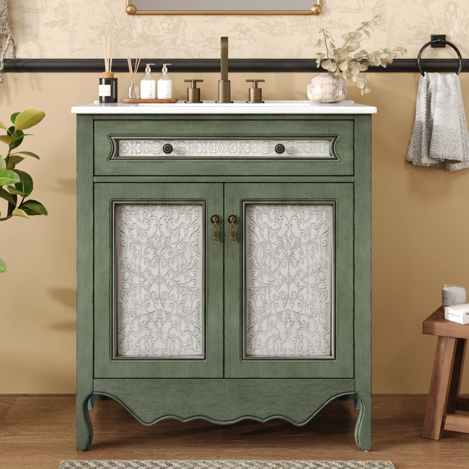 Responsible Antique Pattern Bathroom Vanity 30 Bathroom Vanity Cabinet with Rectangle Ceramic Sink Flip-Out Drawer Equipped Antique Handles Rubber Wood legs Discontinued Antique Pattern Bathroom Vanity 30 Bathroom Vanity Cabinet with Rectangle Ceramic Sink Flip-Out Drawer Equipped Antique Handles Rubber Wood legs Discontinued Convenient