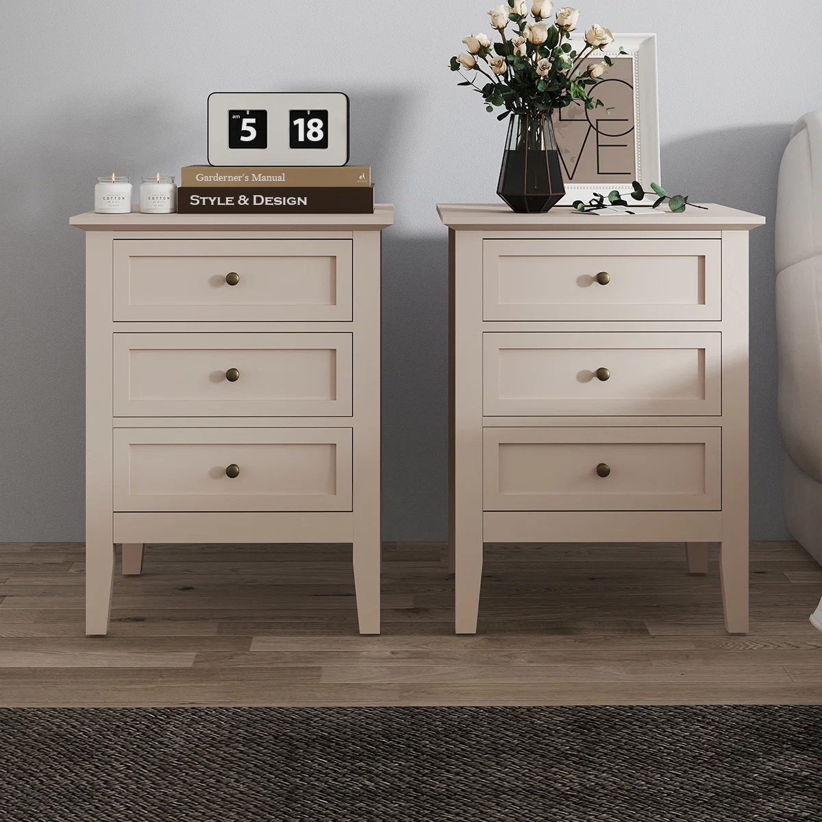 Classic Pair of 3 Drawer Bedside Tables - Rowley Taupe Grey Range Innovative