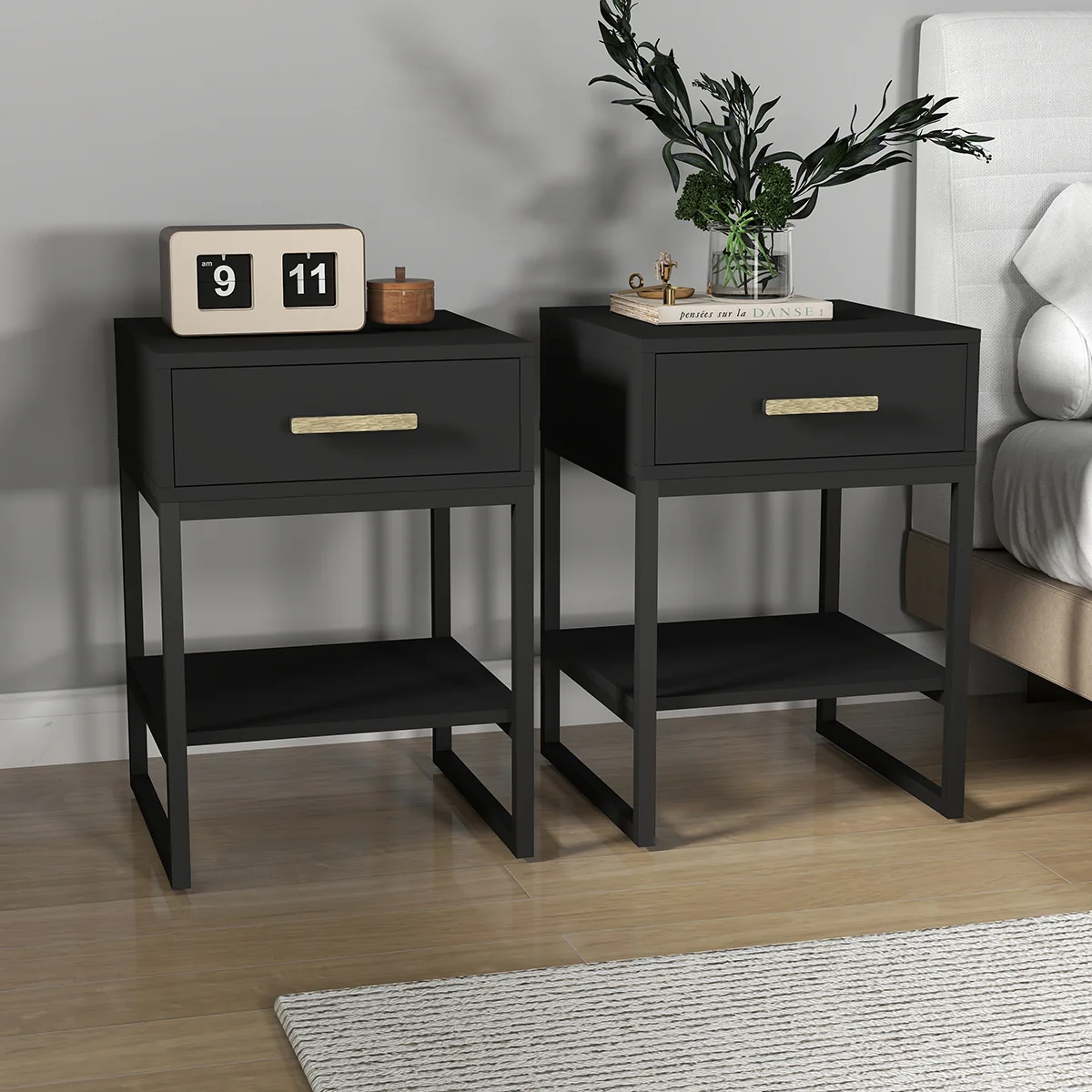 Natural Pair of One Drawer Bedside Tables - Luna Black Range Soft