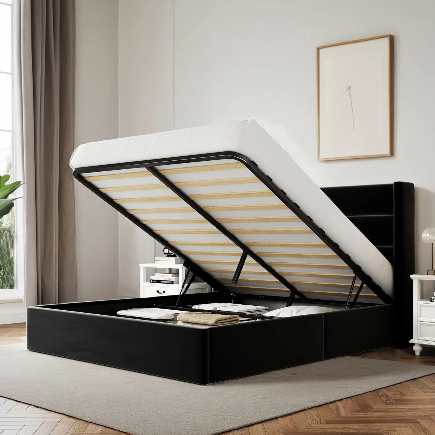Next-Generation Velvet Lift Up Storage Bed with Modern Wingback Headboard Hydraulic Support No Box Spring NeededVelvet Lift Up Storage Bed with Modern Wingback Headboard Hydraulic Support No Box Spring Needed Original Design