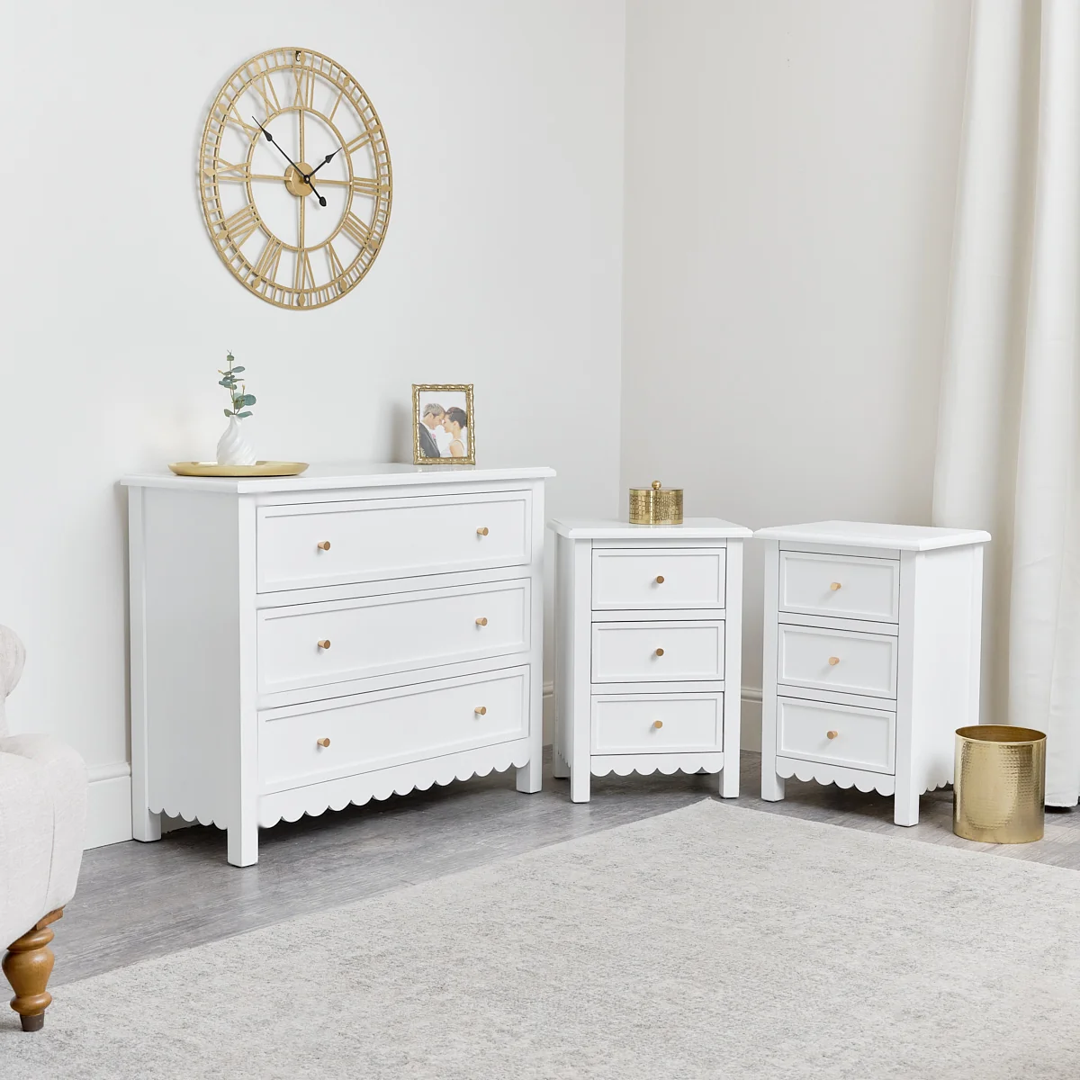 Sophisticated Large Scalloped 3 Drawer Chest of Drawers Pair of Bedside Tables - Staunton White Range Verified