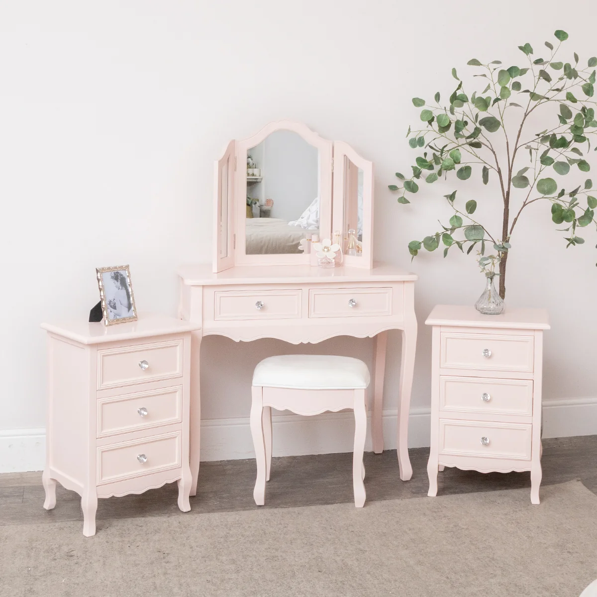 Flexible Pink Dressing Table Mirror Stool Pair Bedside Tables - Sophia Pink Range Prestigious