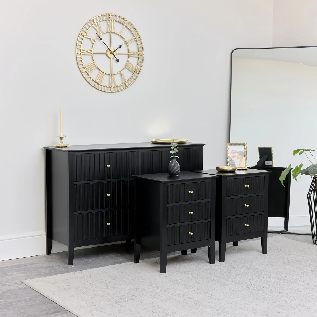 High-End Large Chest of Drawers and Pair of Bedside Tables - Hales Black Range Excellent