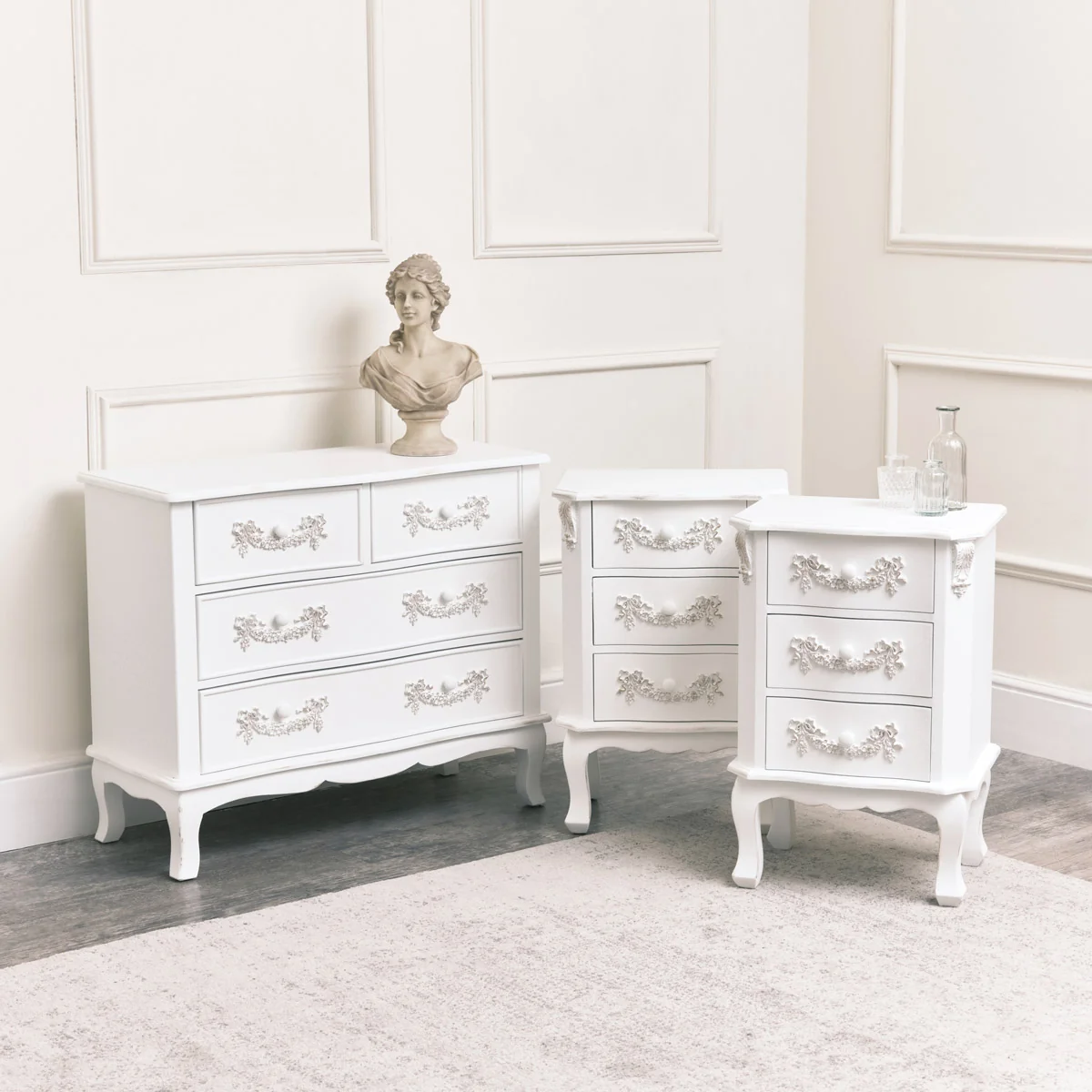 Prestigious Antique White 4 Drawer Chest of Drawer Pair of 3 Drawer Bedside Tables - Pays Blanc Range High-Quality