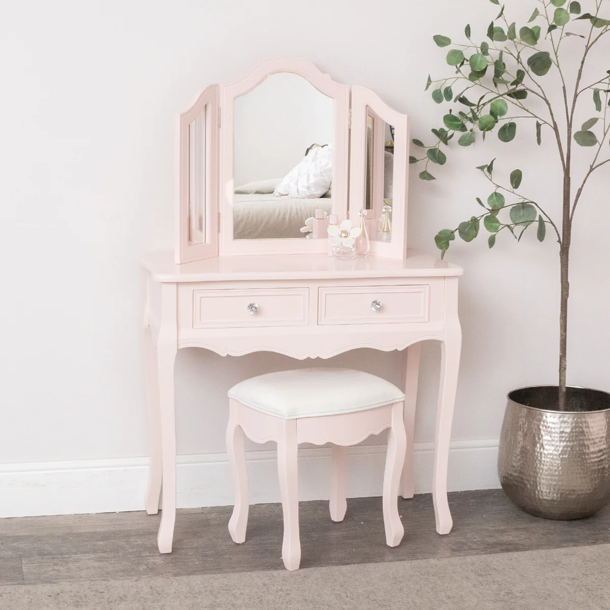 Selected Pink Dressing Table Mirror Stool Set - Sophia Pink Range Relaxed