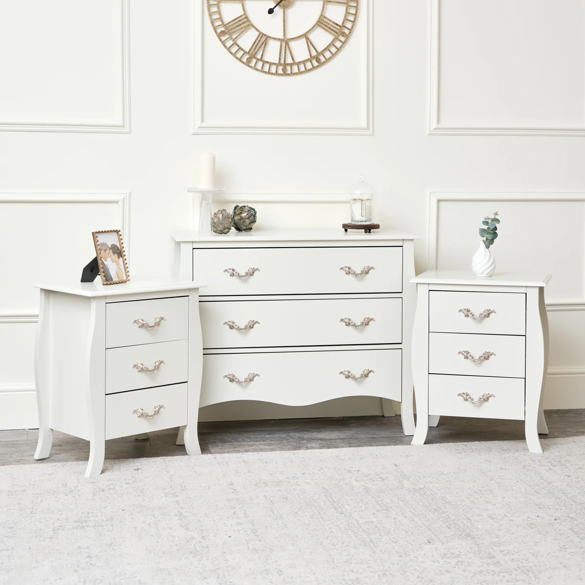 High-Grade Large 3 Drawer Chest of Drawers Pair of Bedside Tables - Elizabeth Ivory Range Functional