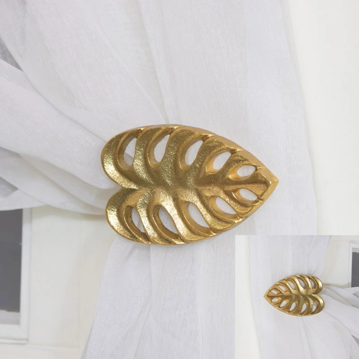 Effective Pair of Gold Monstera Leaf Curtain Holdbacks Organic