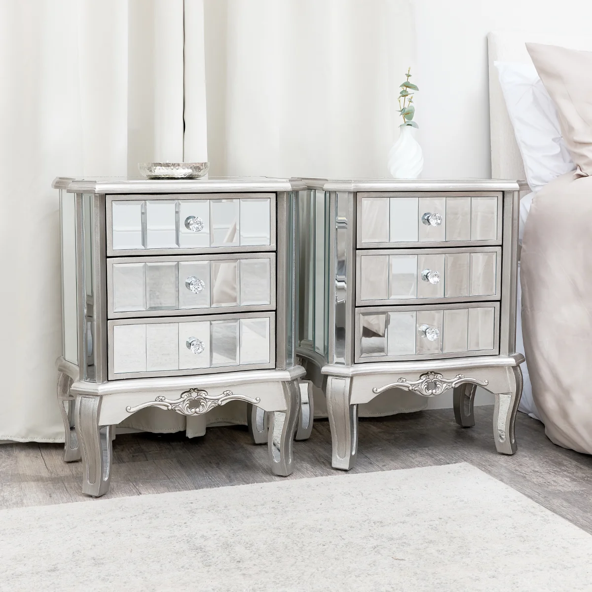 Modern Pair of Mirrored Bedside Tables - Tiffany Range Green