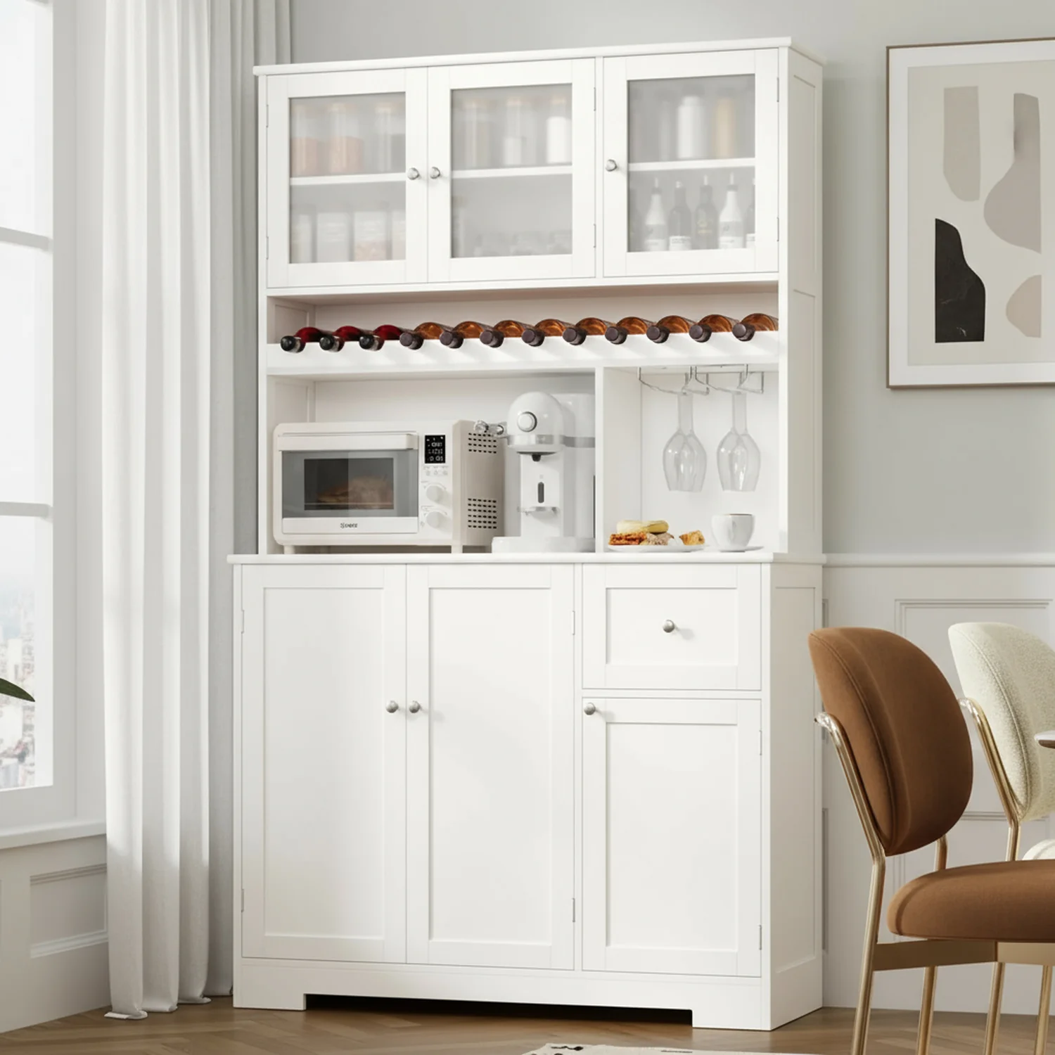 High-Grade 71 Kitchen Pantry Storage Cabinet with Coffee Bar Wine Rack White Hutch with Shelves and Microwave Stand71 Kitchen Pantry Storage Cabinet with Coffee Bar Wine Rack White Hutch with Shelves and Microwave Stand Smooth
