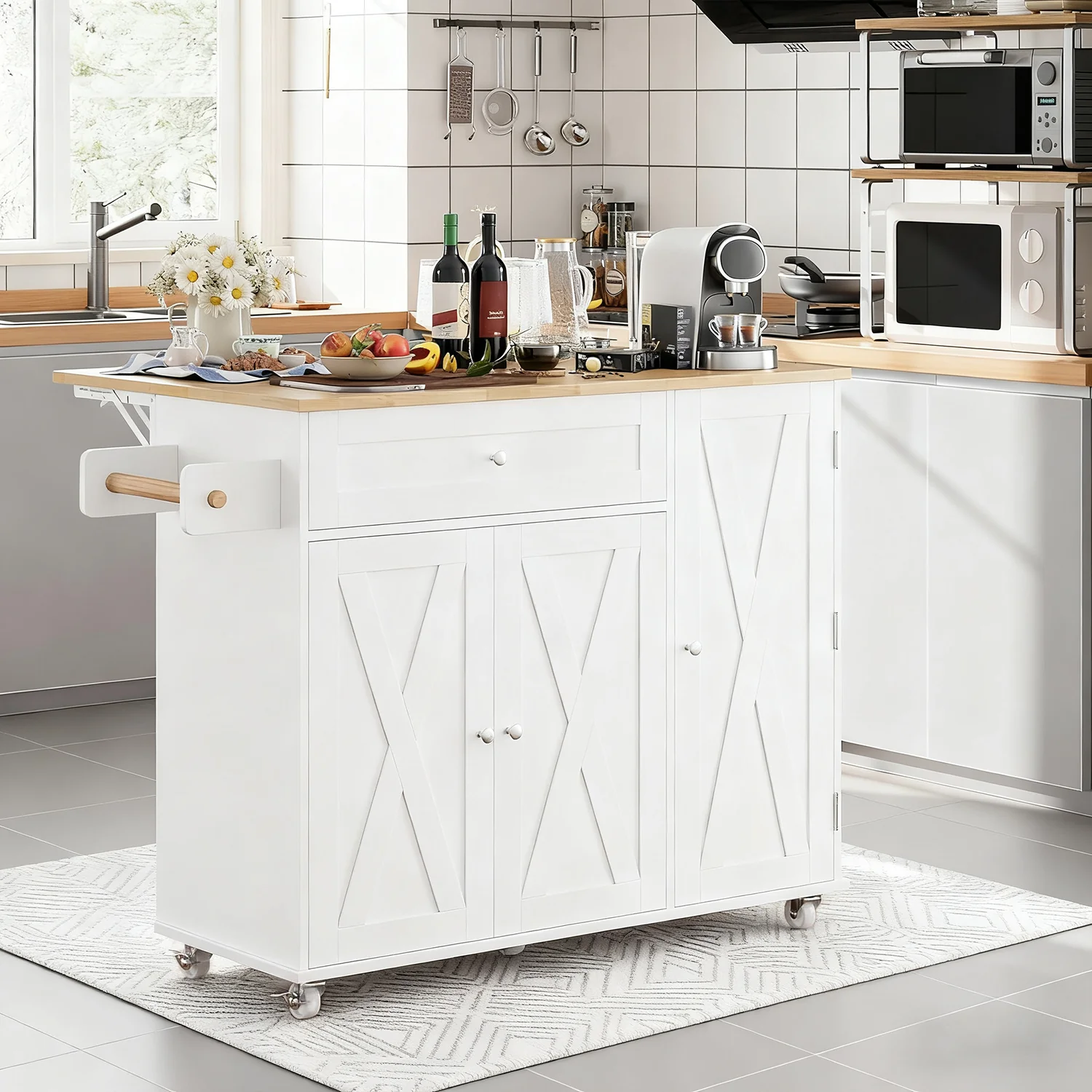 Top-Quality Rolling Kitchen Island Cart with Drop Leaf Solid Rubber Wood Top Storage Cabinet Drawer Spice Rack Mobile Kitchen Table for Small SpacesRolling Kitchen Island Cart with Drop Leaf Solid Rubber Wood Top Storage Cabinet Drawer Spice Rack Mobile Kitchen Table for Small Spaces Crafted