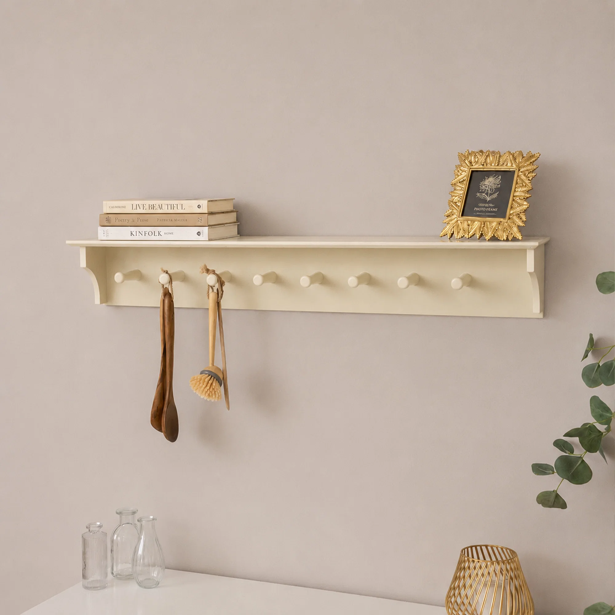 Enhanced Large Ivory Wooden Wall Shelf with Hooks - 100cm High-Performance