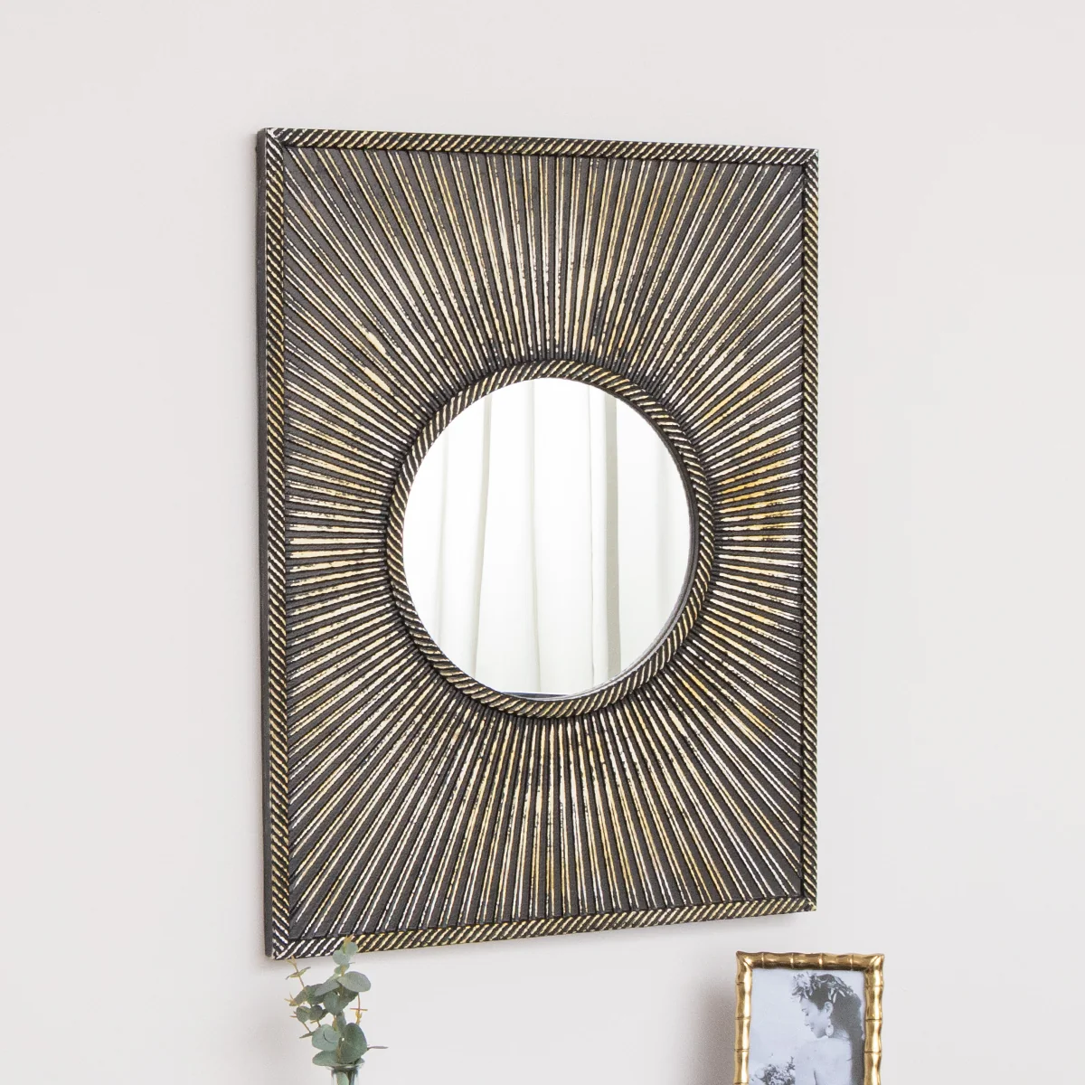 Casual Distressed Black Rectangular Wooden Sunburst Wall Mirror - 60cm x 80cm Detailed