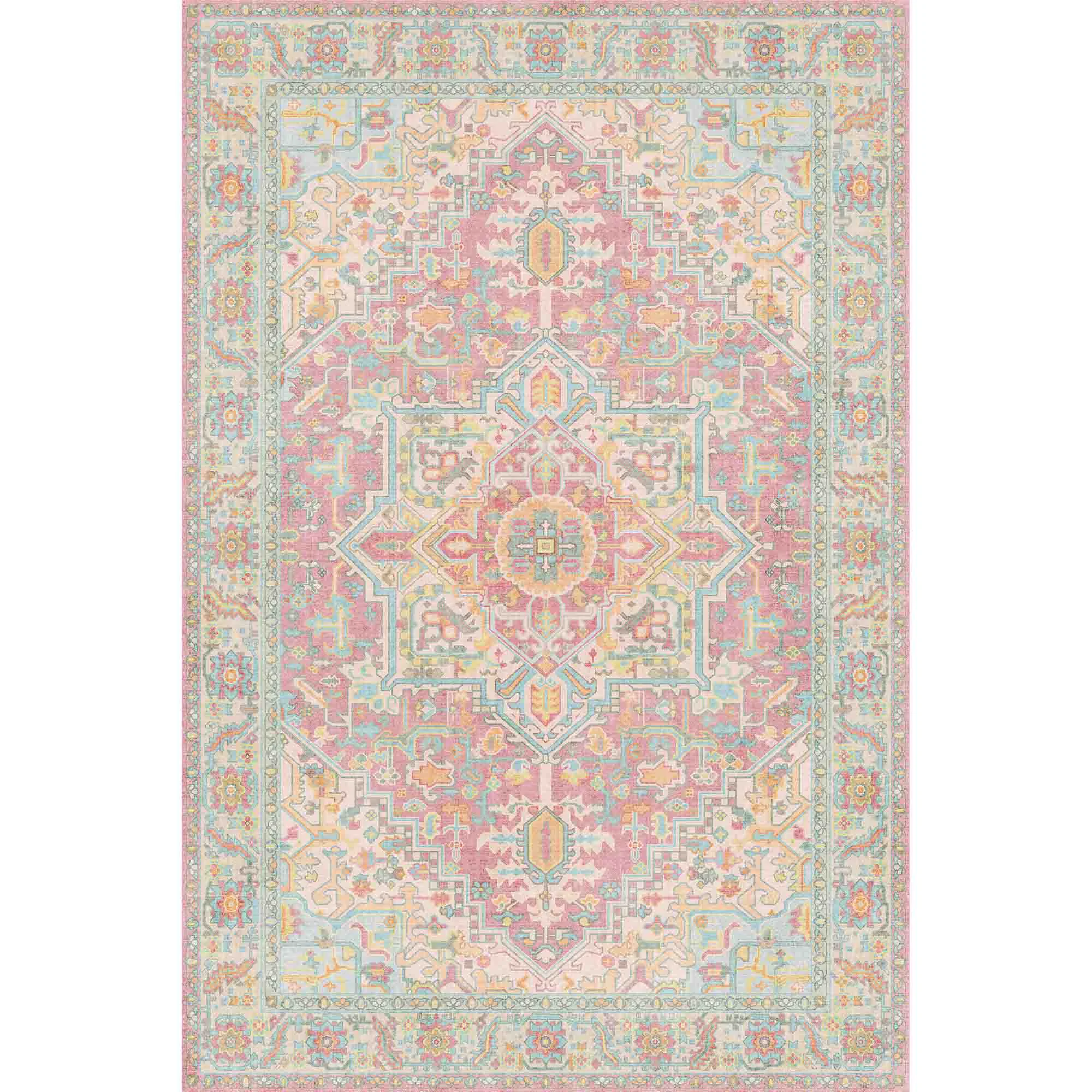 Trendy Light Pink Washable Area Rug with Vintage Medallion Pattern Low-Pile Non-Slip Rug for Living Room or NurseryLight Pink Washable Area Rug with Vintage Medallion Pattern Low-Pile Non-Slip Rug for Living Room or Nursery Minimalist