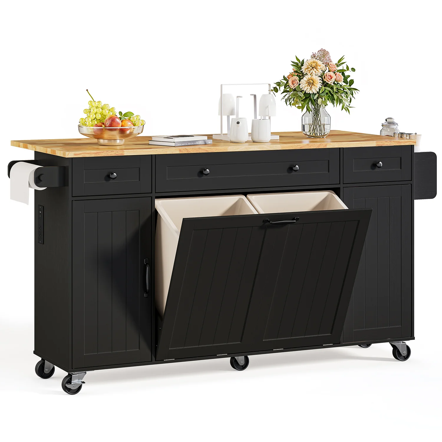 Prestigious Kitchen Island with Double Tilt Out Trash Bins 69.3'' Rolling Kitchen Cart with Drop Leaf Drawers Power OutletKitchen Island with Double Tilt Out Trash Bins 69.3'' Rolling Kitchen Cart with Drop Leaf Drawers Power Outlet Next-Generation