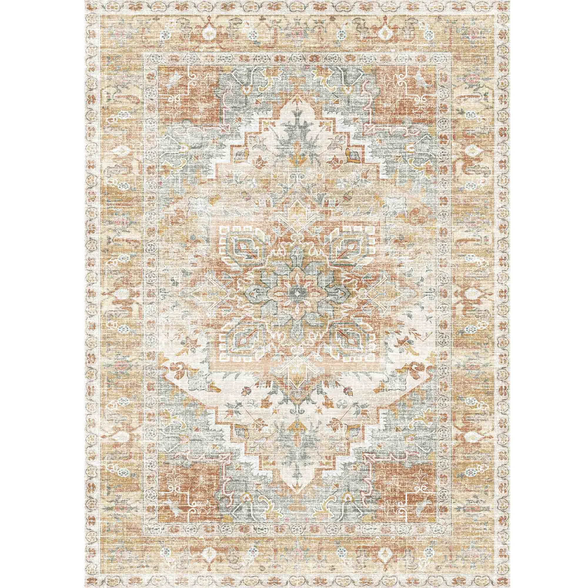 Genuine Orange Brown Washable Boho Area Rug Vintage Oriental Low-Pile Non-Slip Rug for Living Room BedroomOrange Brown Washable Boho Area Rug Vintage Oriental Low-Pile Non-Slip Rug for Living Room Bedroom Reusable