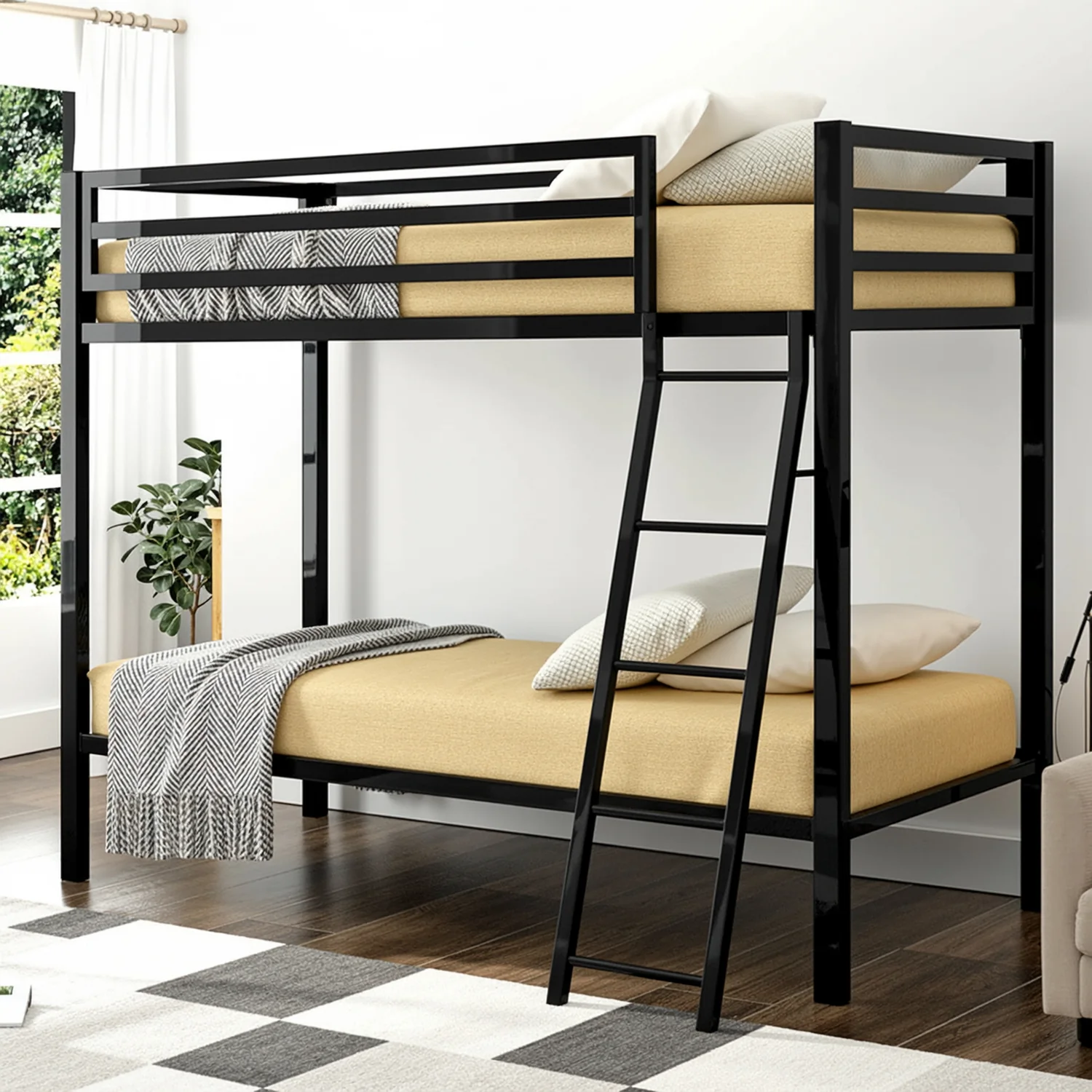 Eco-Friendly Twin Over Twin Metal Bunk Bed with Ladder Safety GuardrailsTwin Over Twin Metal Bunk Bed with Ladder Safety Guardrails Pure
