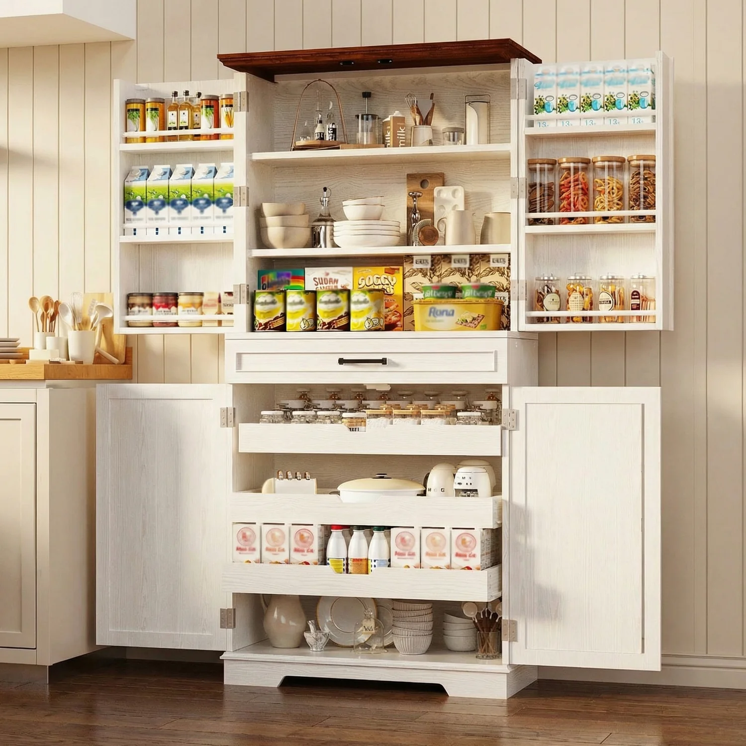Authentic 72 Farmhouse Kitchen Pantry Cabinet Tall standing Cupboard with Sliding Storage Rack 6 Hanging Shelves72 Farmhouse Kitchen Pantry Cabinet Tall standing Cupboard with Sliding Storage Rack 6 Hanging Shelves Minimalist