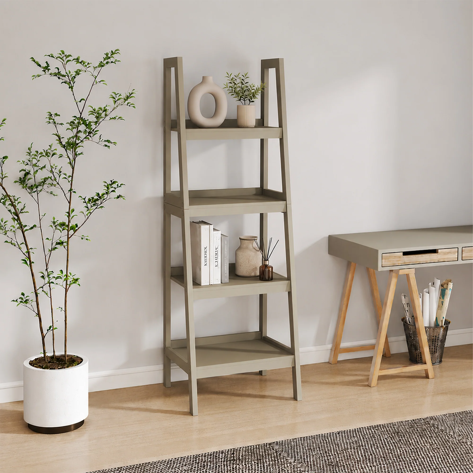Green Mid-Century Style 4 Tier Taupe Painted Wooden Ladder Shelf - 178cm Durable
