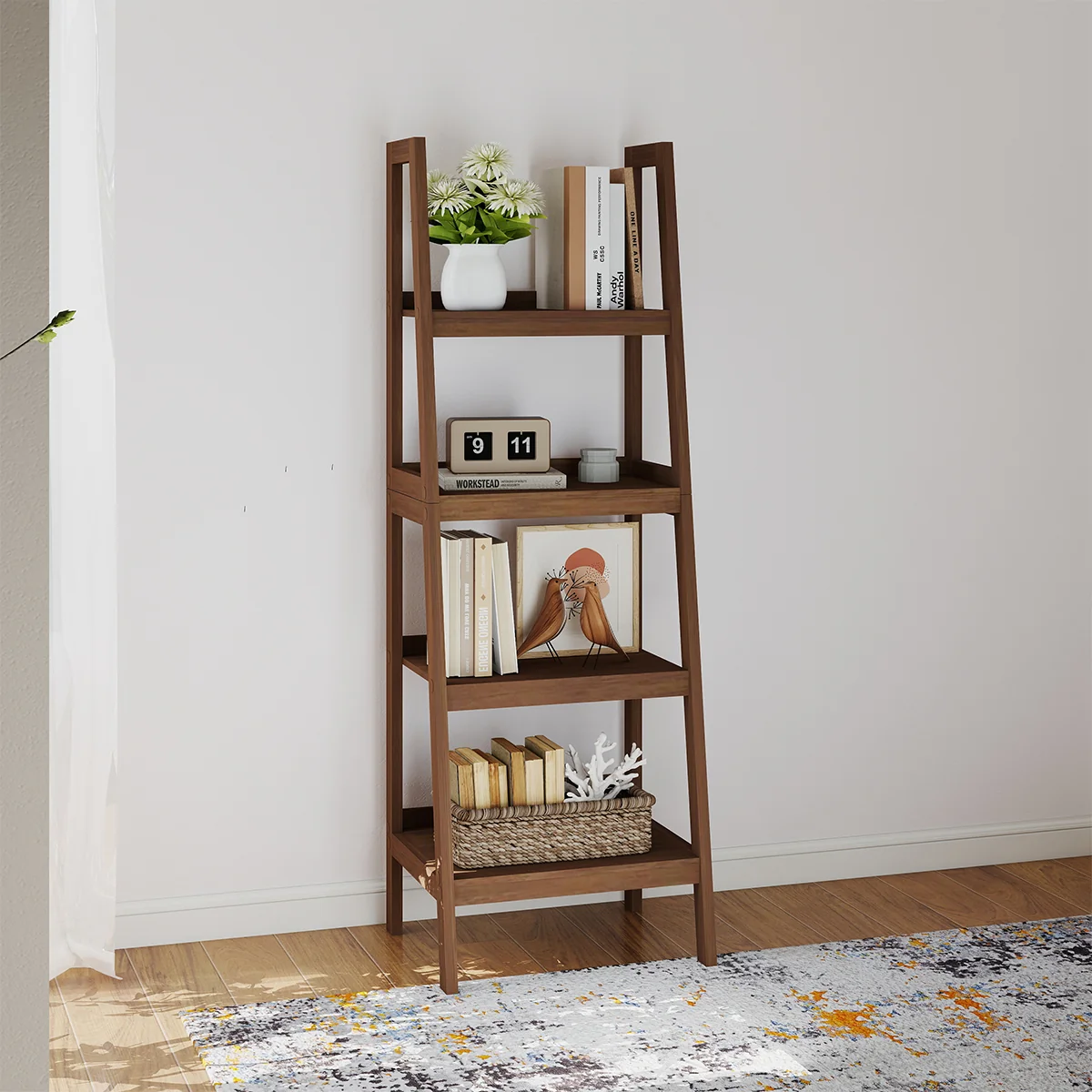Effective Mid-Century Style 4 Tier Dark Wood Ladder Shelf - 178cm Trusted
