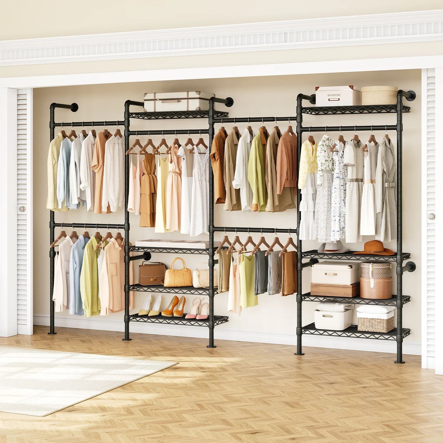 Premium Material Wall Mounted Closet System Industrial Pipe Clothing Rack with 4 Adjustable Hanging Rods and 8 Metal ShelvesWall Mounted Closet System Industrial Pipe Clothing Rack with 4 Adjustable Hanging Rods and 8 Metal Shelves Trendy