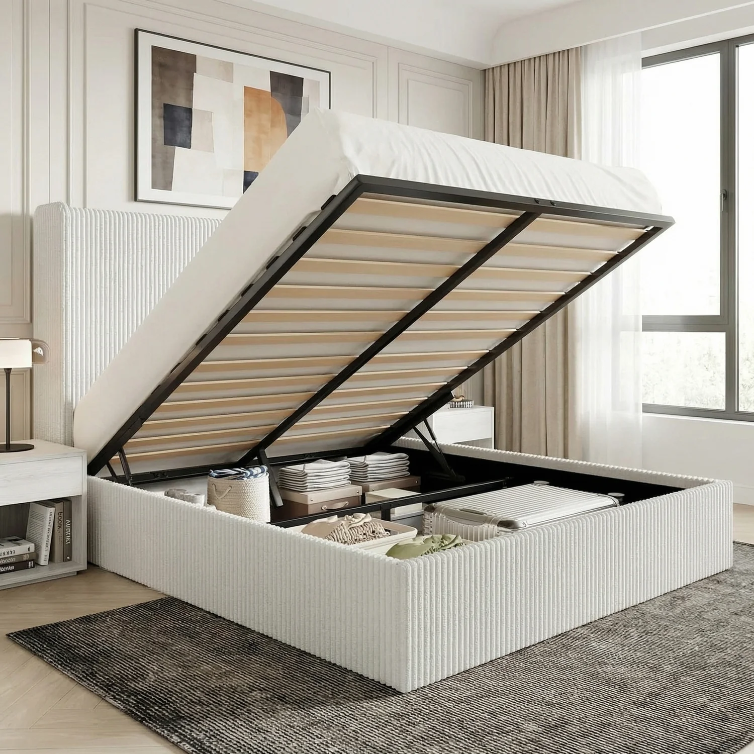Solid Lift-Up Storage Bed Frame with Wingback Headboard Corduroy Upholstered Platform Bed No Box Spring NeededLift-Up Storage Bed Frame with Wingback Headboard Corduroy Upholstered Platform Bed No Box Spring Needed Unique