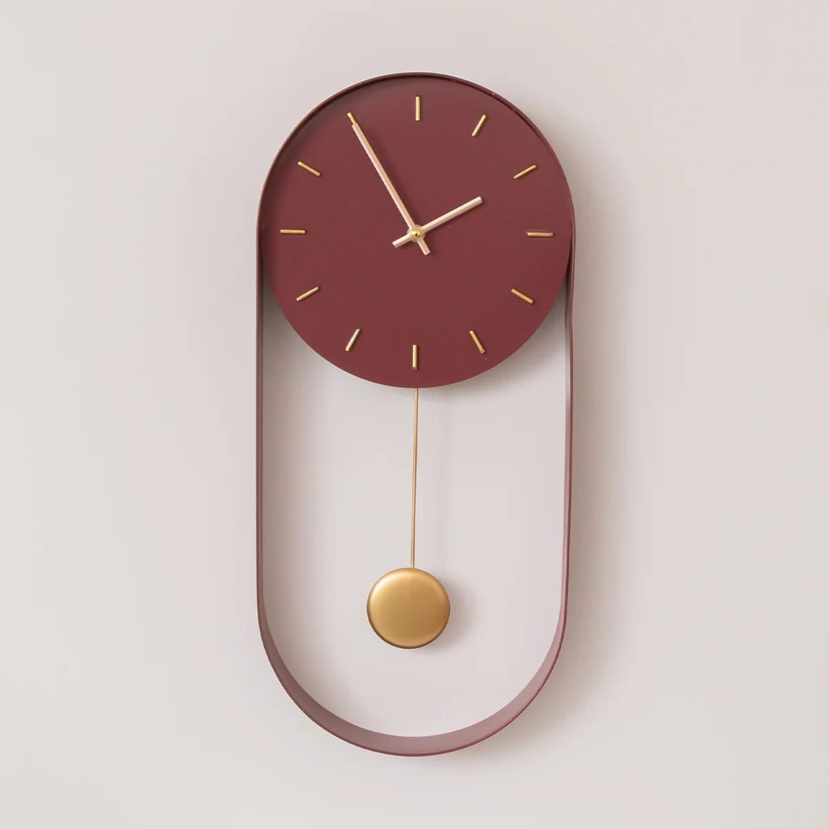 Crafted Raspberry Red Gold Pendulum Metal Analogue Wall Clock - 20cm x 55cm Traditional