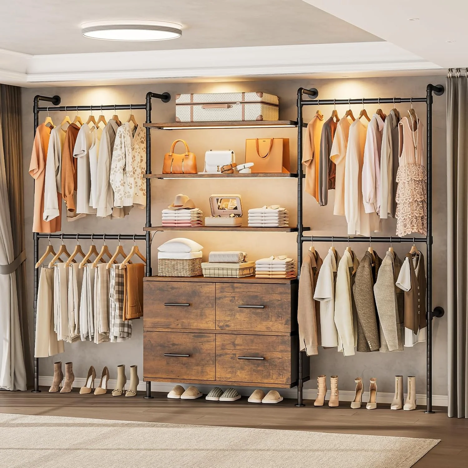 Long-Lasting Closet System with LED Light Industrial Pipe Clothing Rack with 4 Drawers 4 Telescopic Rods and 6 ShelvesCloset System with LED Light Industrial Pipe Clothing Rack with 4 Drawers 4 Telescopic Rods and 6 Shelves Contemporary