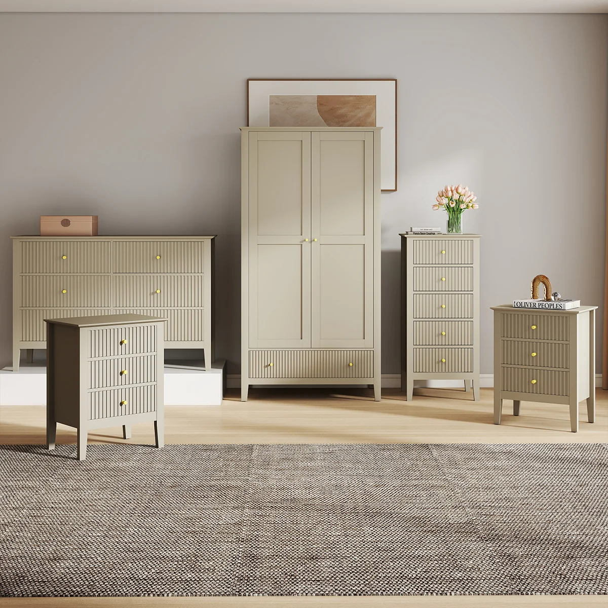 Official Double Wardrobe 6 Drawer Chest of Drawers Tall 5 Drawer Bedside Table and Pair of 3 Drawer Bedside Tables - Hales Taupe Range Professional
