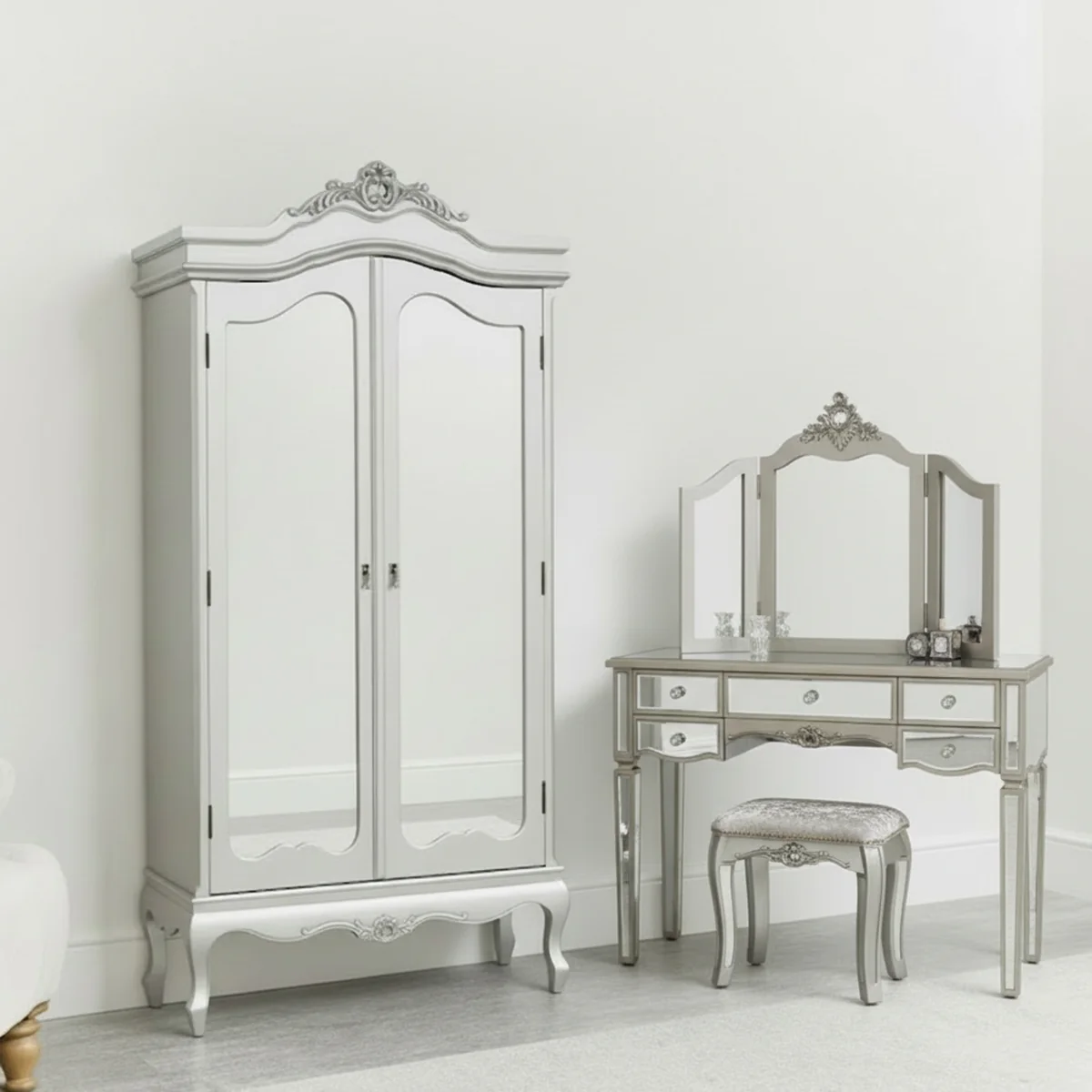 Consistent Silver Mirrored Double Wardrobe Large Dressing Table Set - Tiffany Range Convenient
