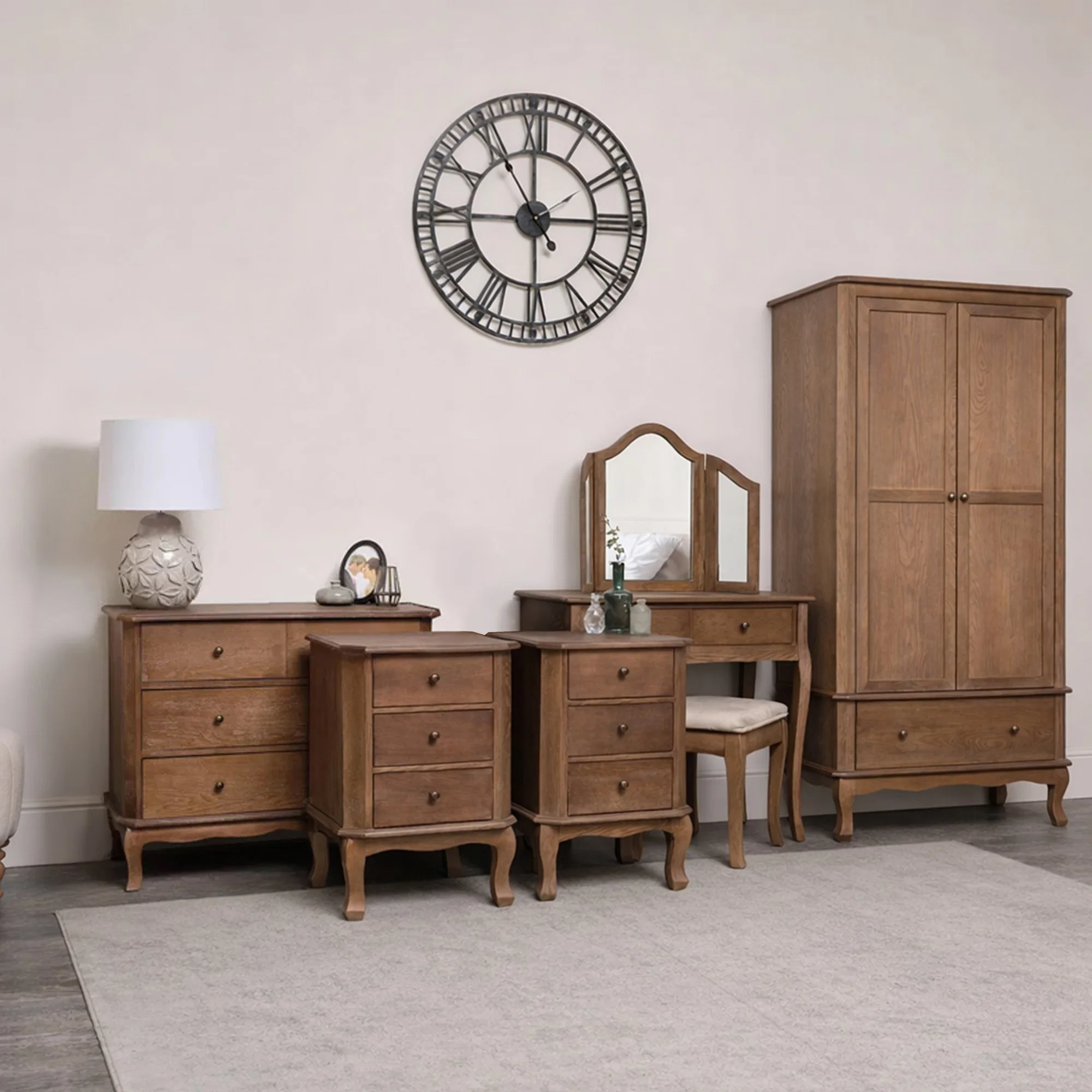Stylish Dark Wood Wardrobe Dressing Table Set Chest of 4 Drawers Pair of Bedside Tables - Ashwell Range Consistent