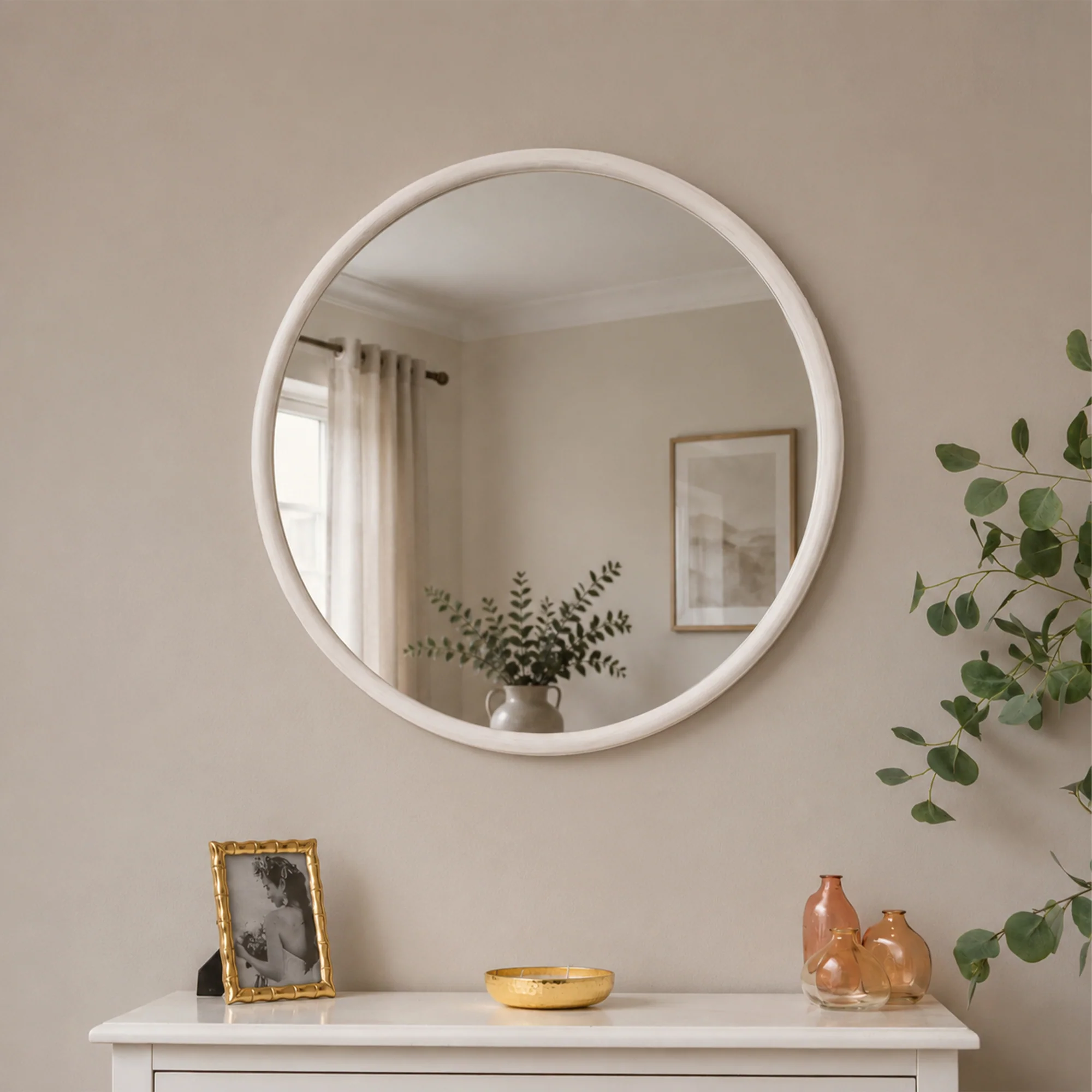 Outstanding Large White Washed Wooden Round Wall Mirror - 80cm x 80cm World-Class