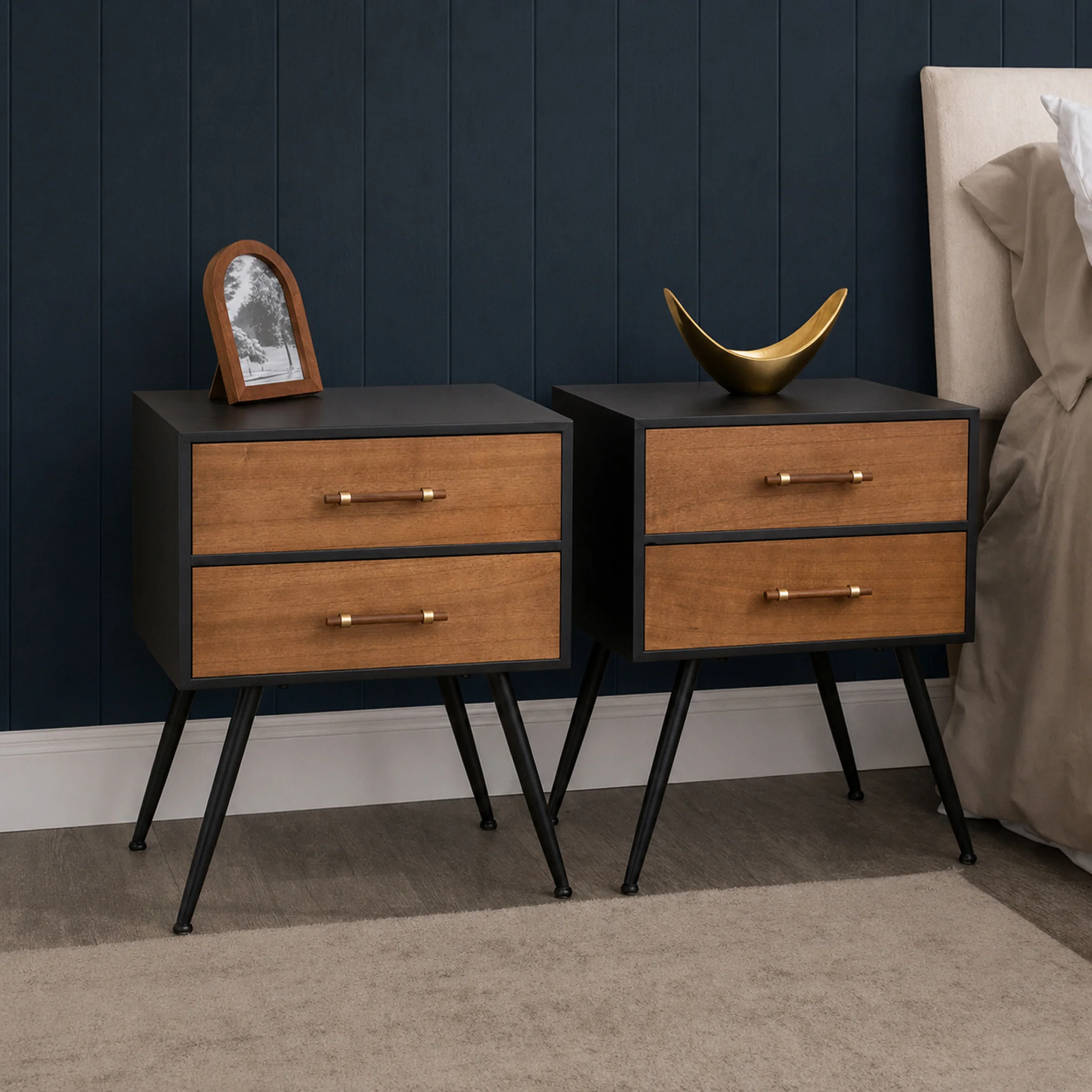 Pair of Mid-Century Modern Wood Black 2 Drawer Bedside Tables - Ludlow Range Dependable