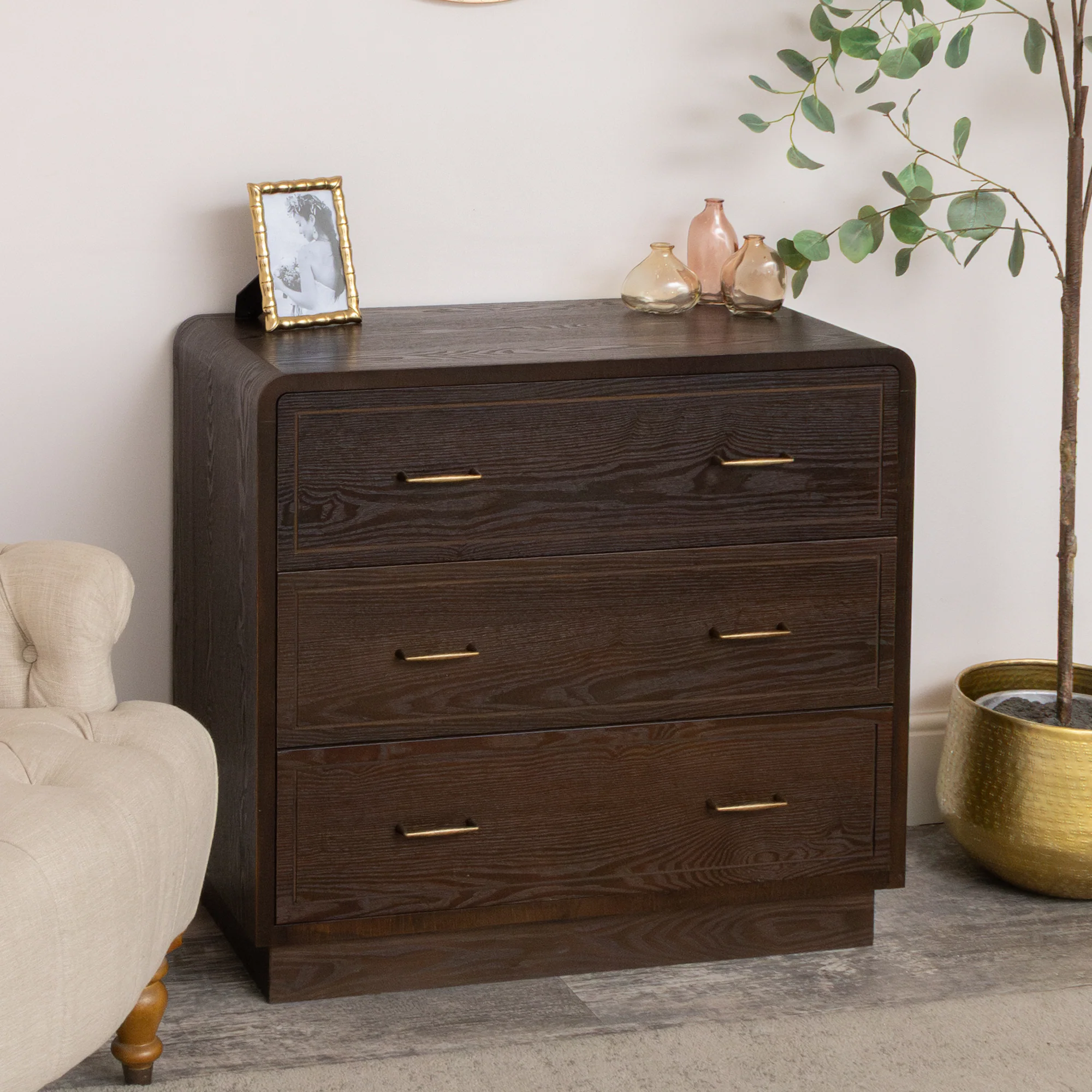 Fashionable 3 Drawer Dark Wood Chest of Drawers - Kingsley Range - Damaged Seconds Efficient