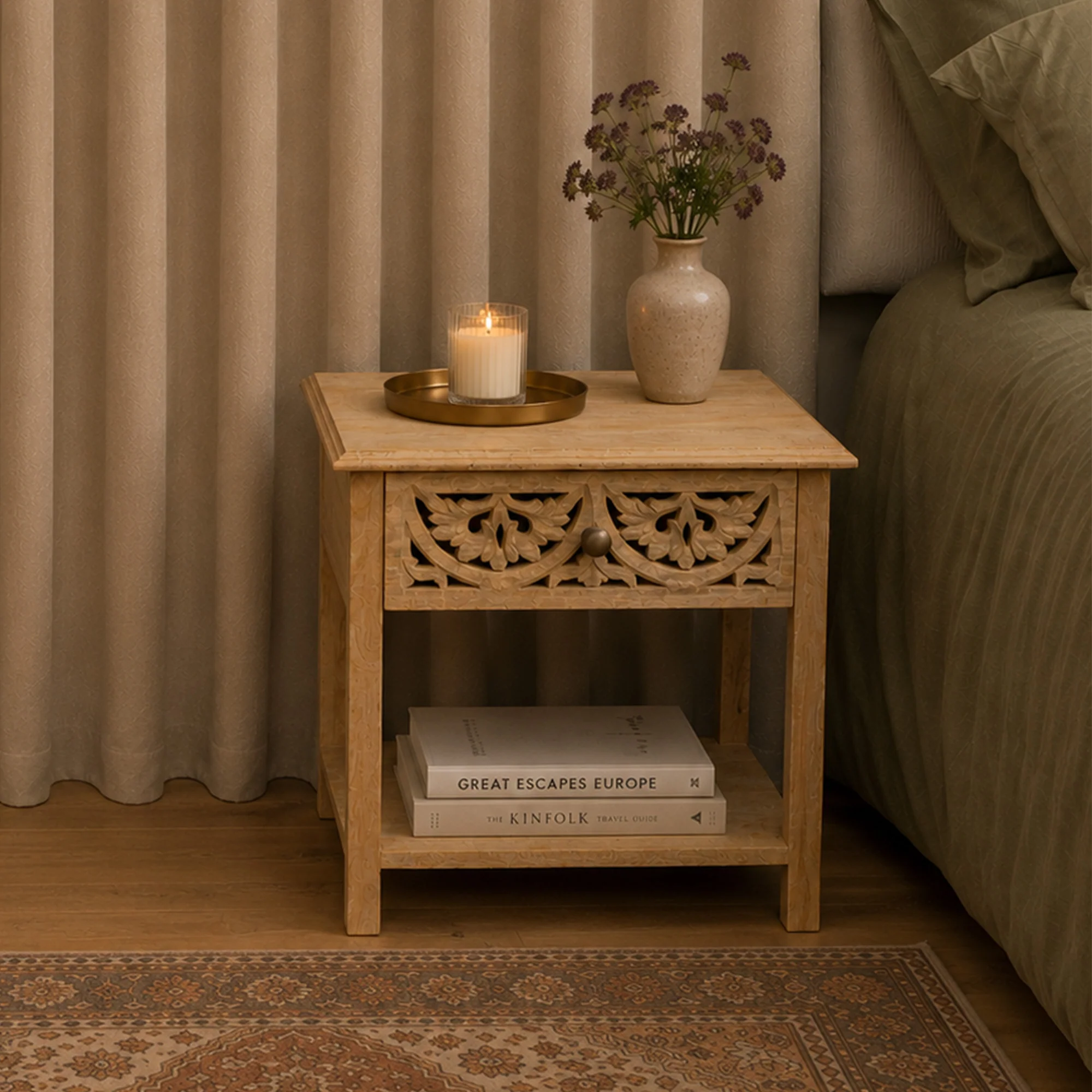 Prestigious Bohemian Natural Mango Wood One Drawer Bedside Table - Freya Wood Range Crafted